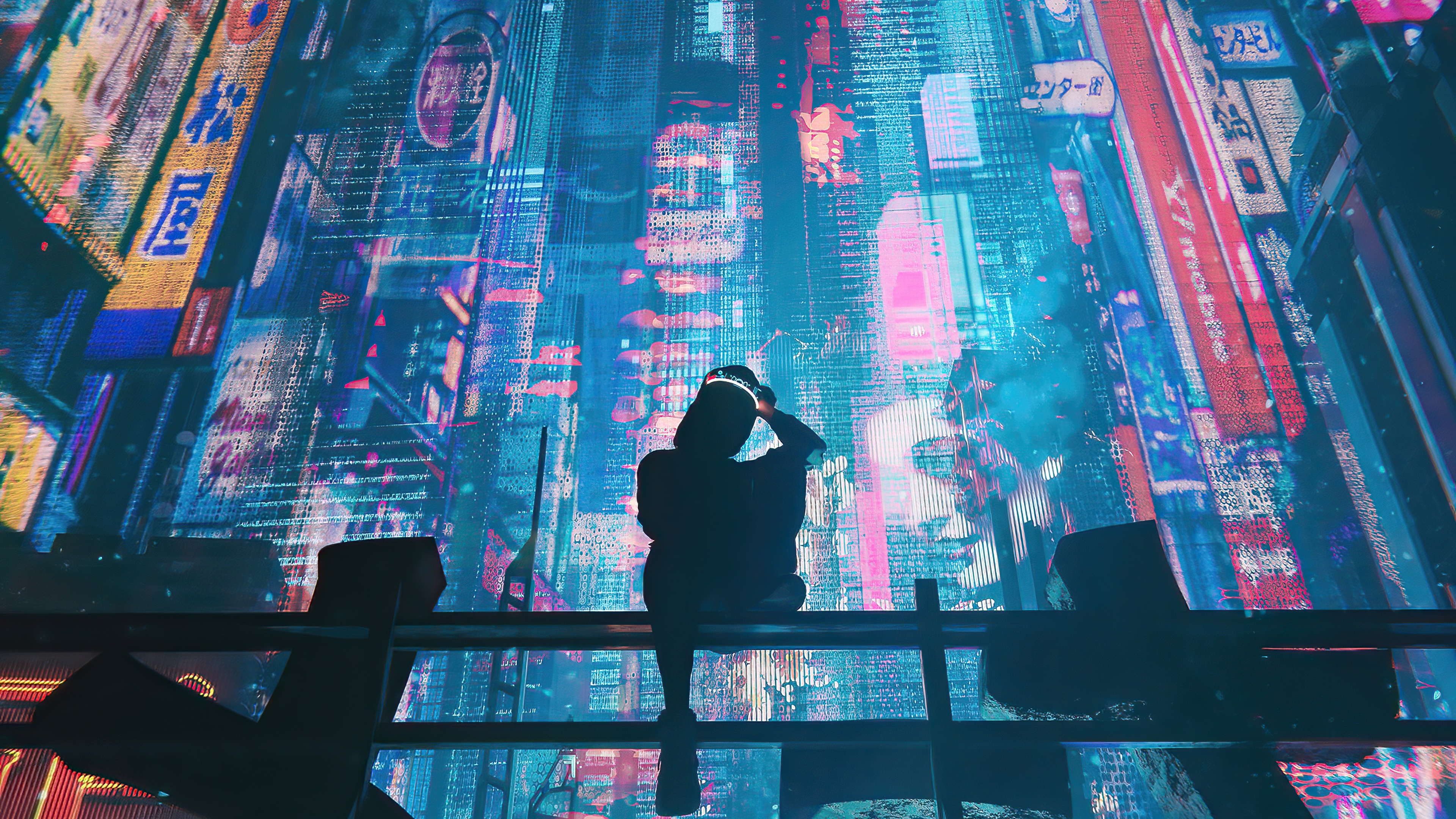 Cyberpunk city with a person looking at neon lights HD Wallpaper