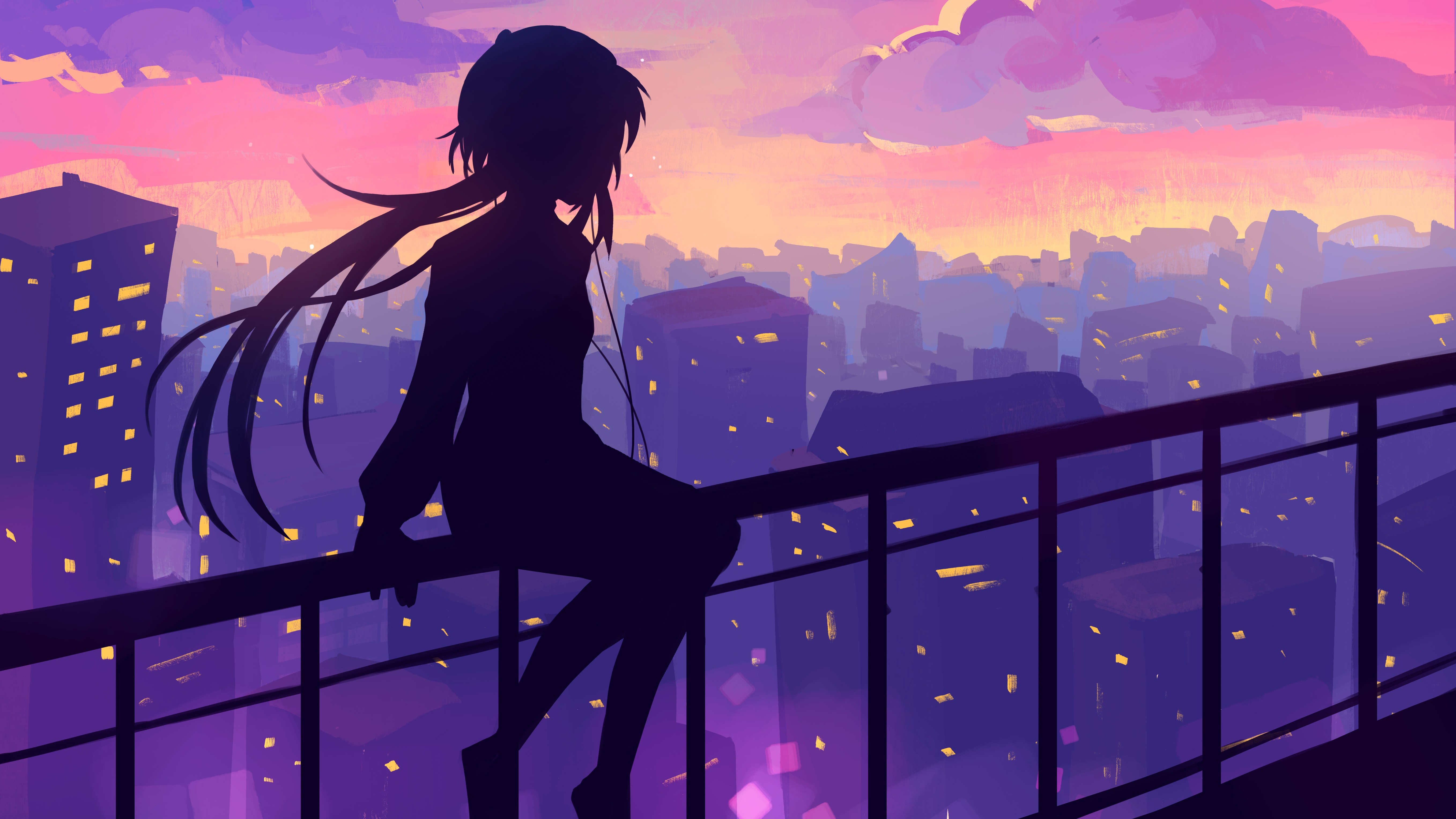 Silhouette of a girl listening to music on a rooftop overlooking a city at sunset HD Wallpaper