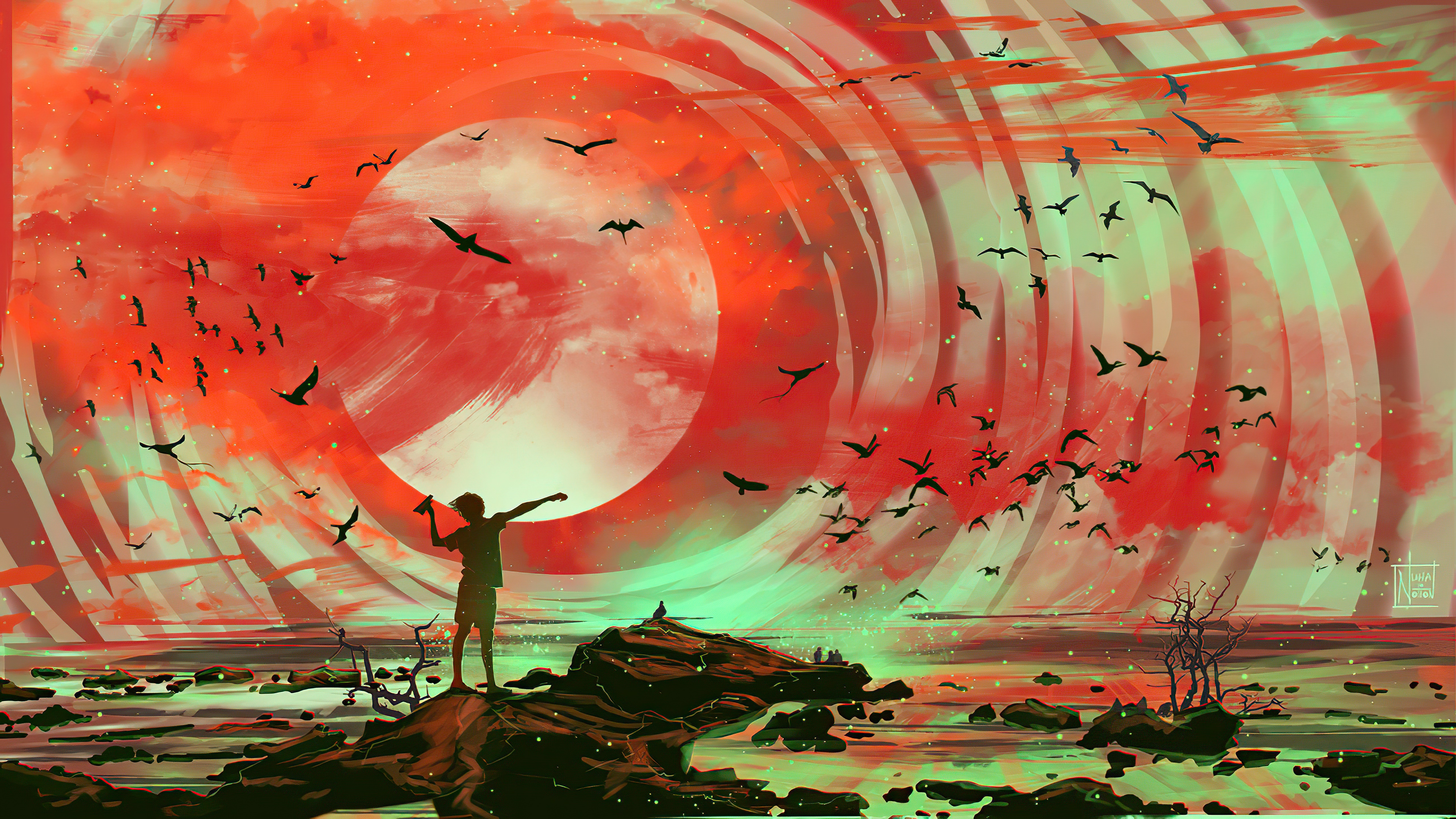 Artwork of a person throwing an axe at birds HD Wallpaper