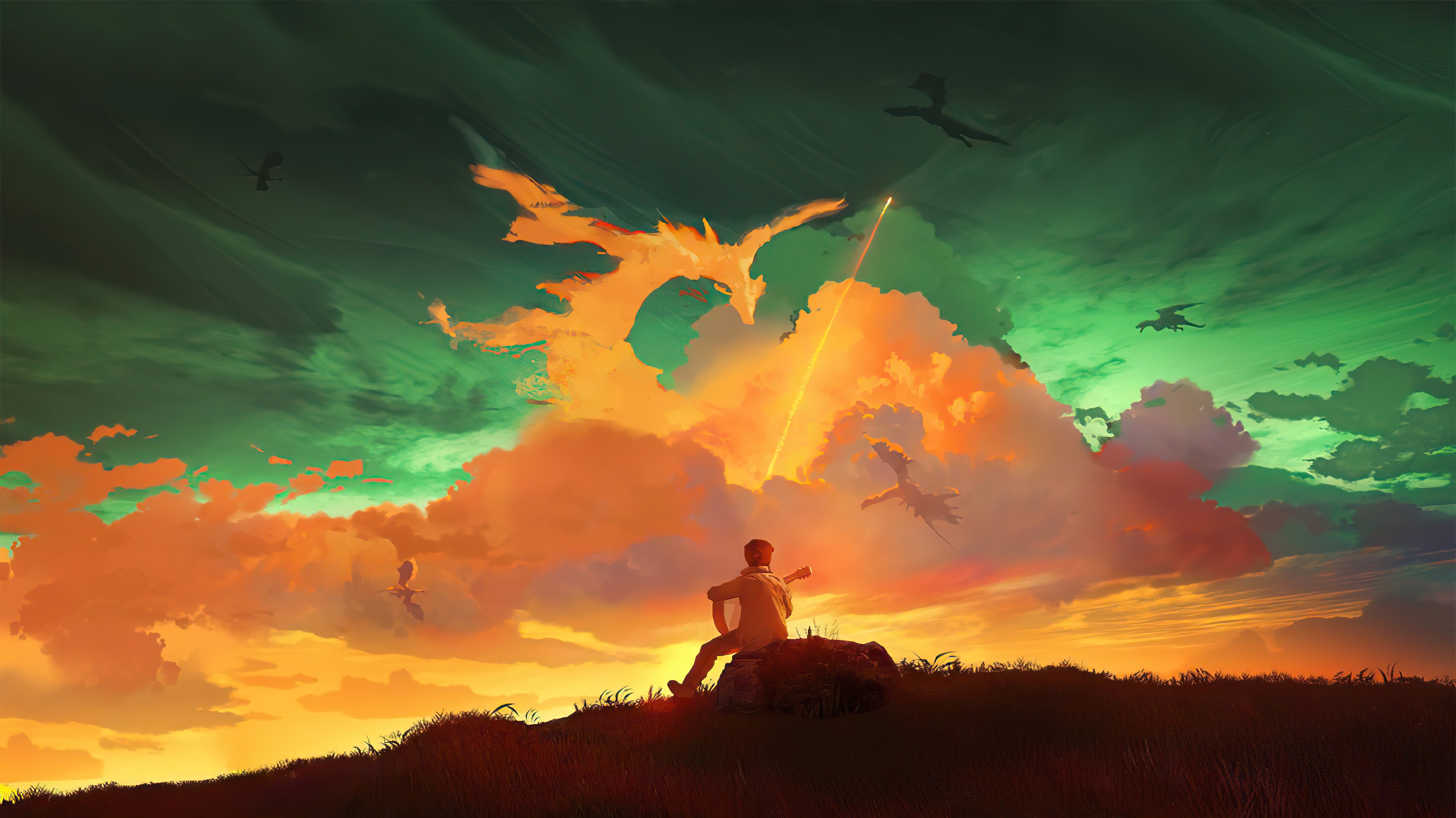 Man playing guitar watching dragons in the sky HD Wallpaper
