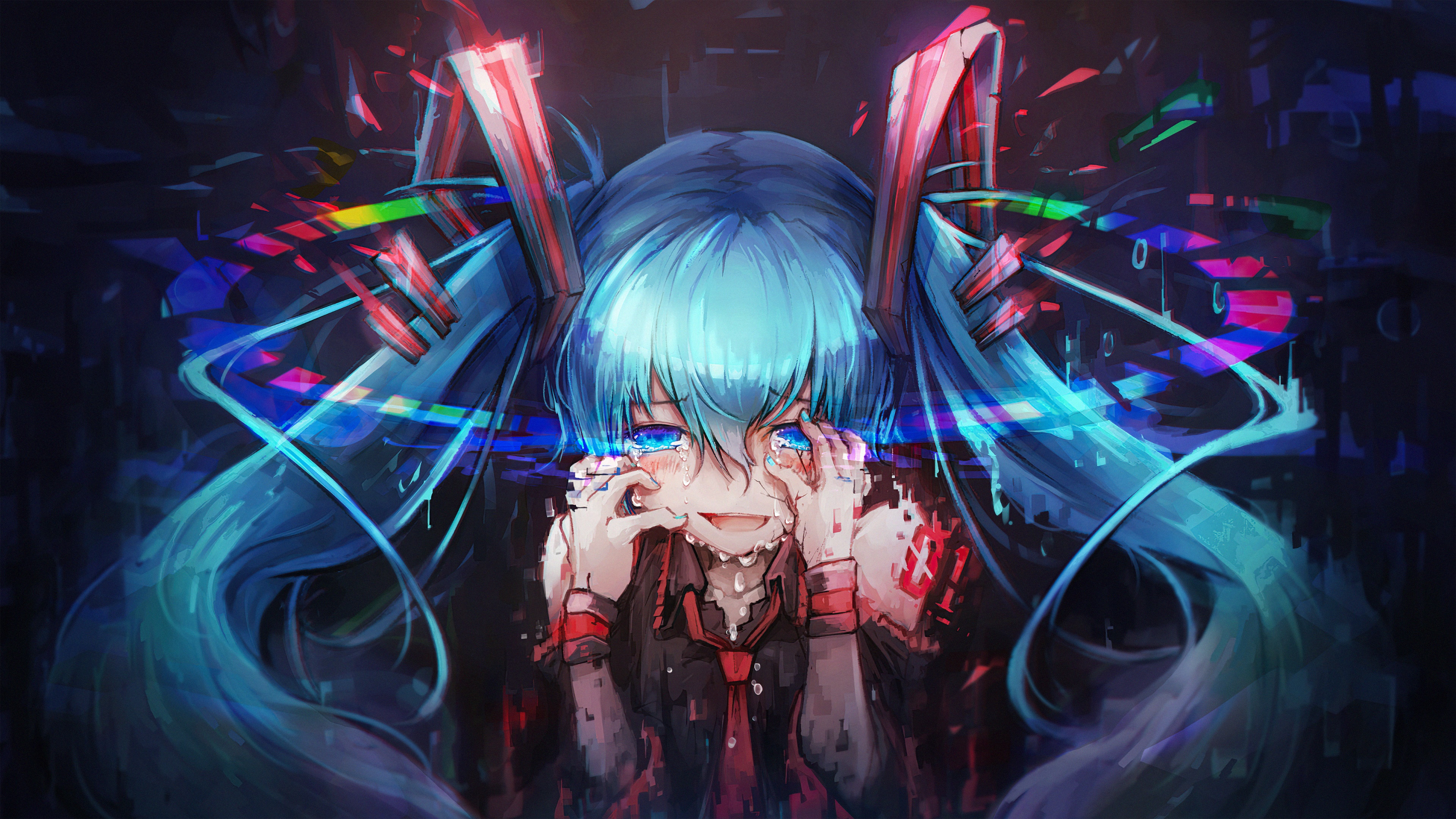 Hatsune Miku from Vocaloid crying with digital glitch effects HD Wallpaper