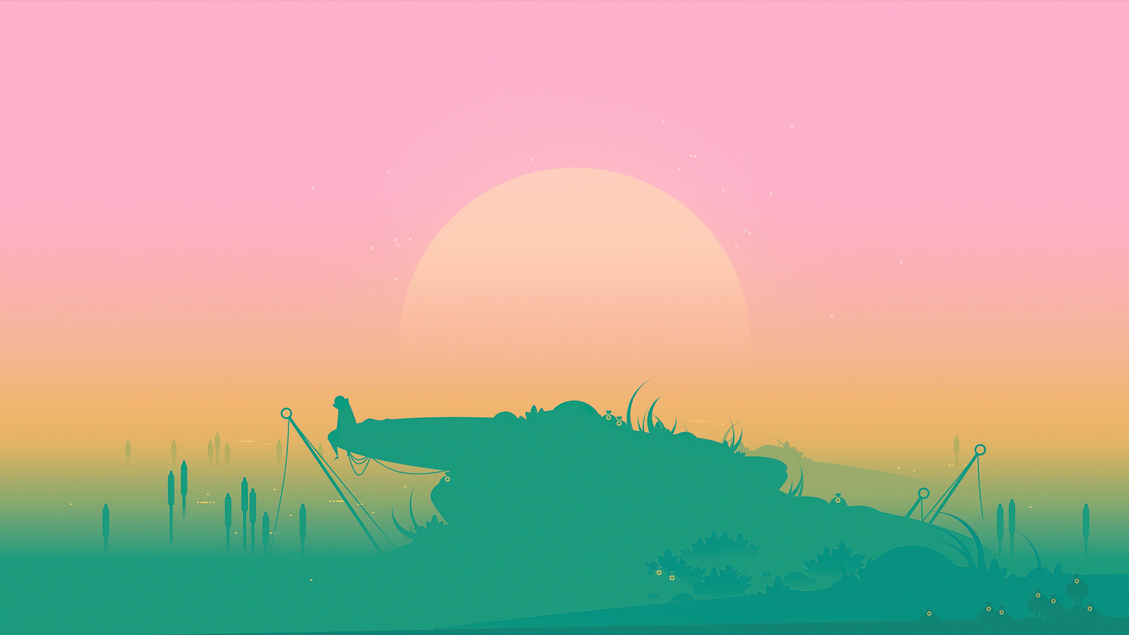 Digital art with a large sun and silhouette HD Wallpaper