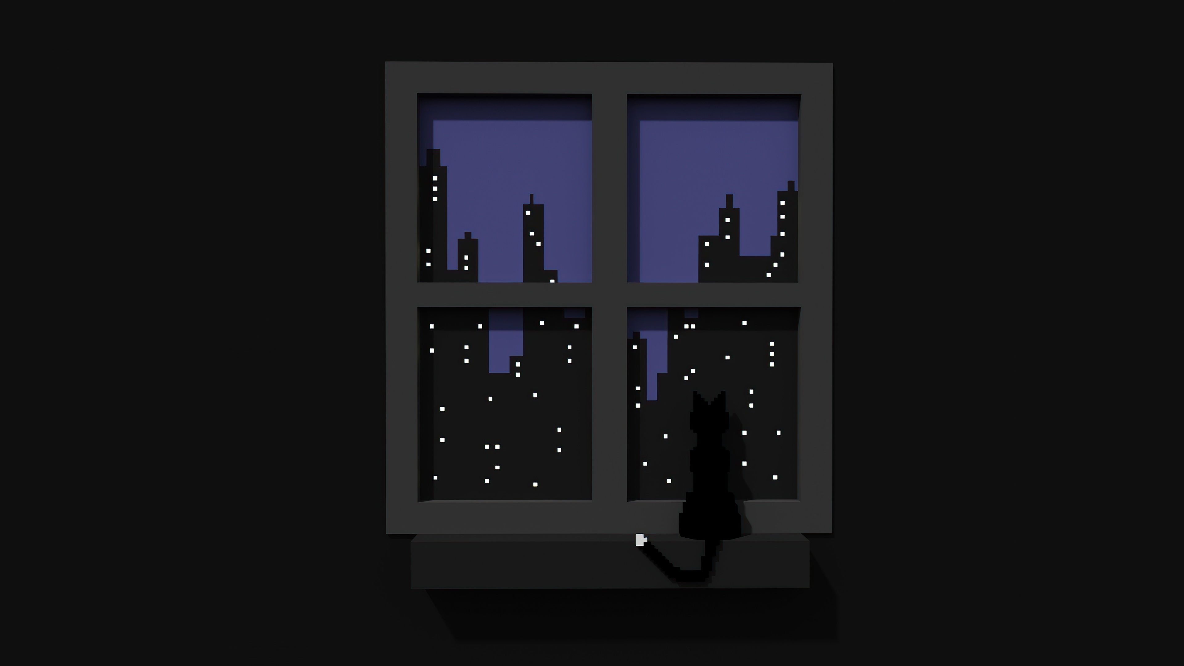Minimalist black cat looking at city lights through window HD Wallpaper