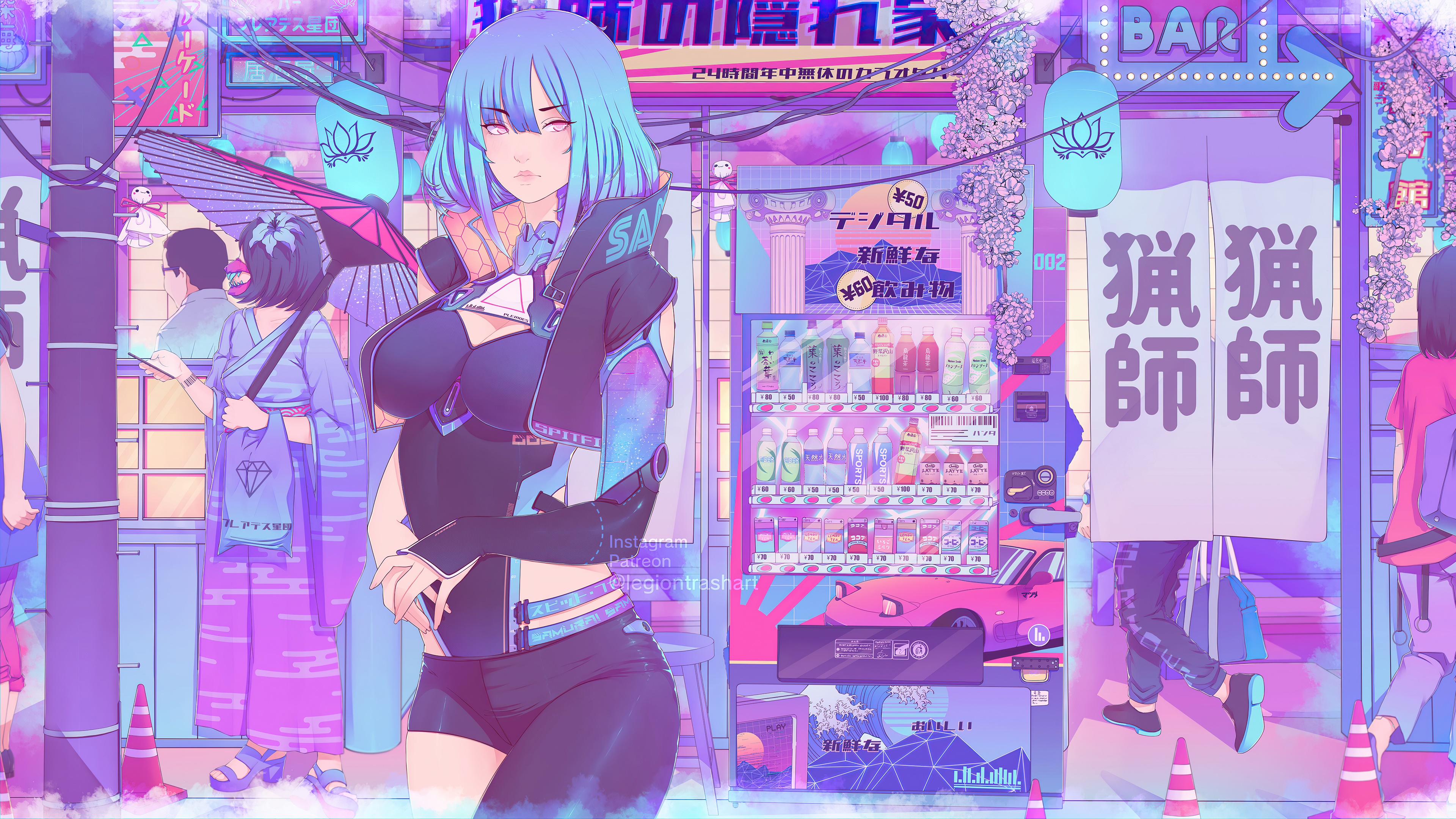 Anime girl with blue hair in a cyberpunk city HD Wallpaper