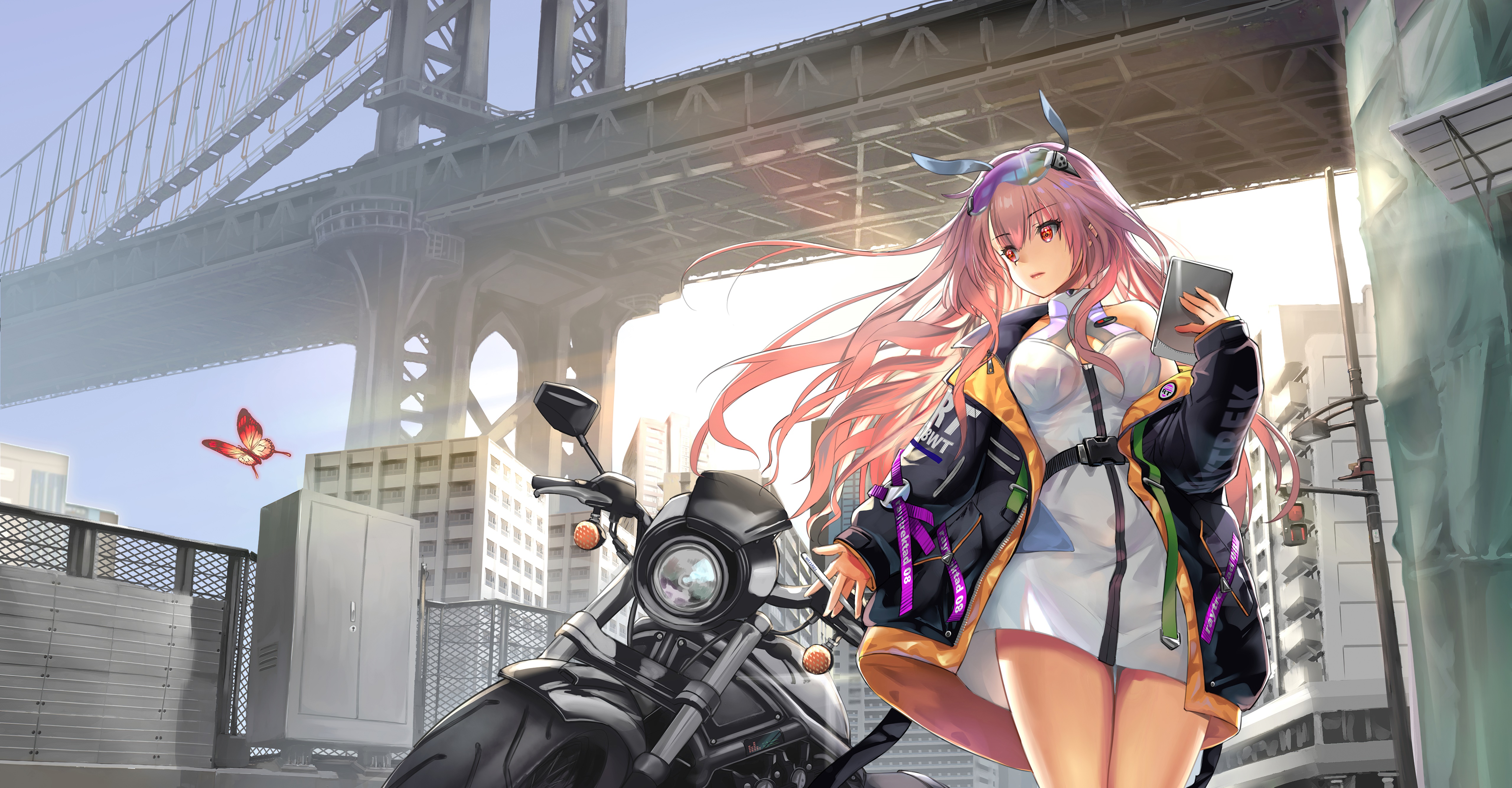 Anime girl with pink hair and motorcycle under bridge HD Wallpaper
