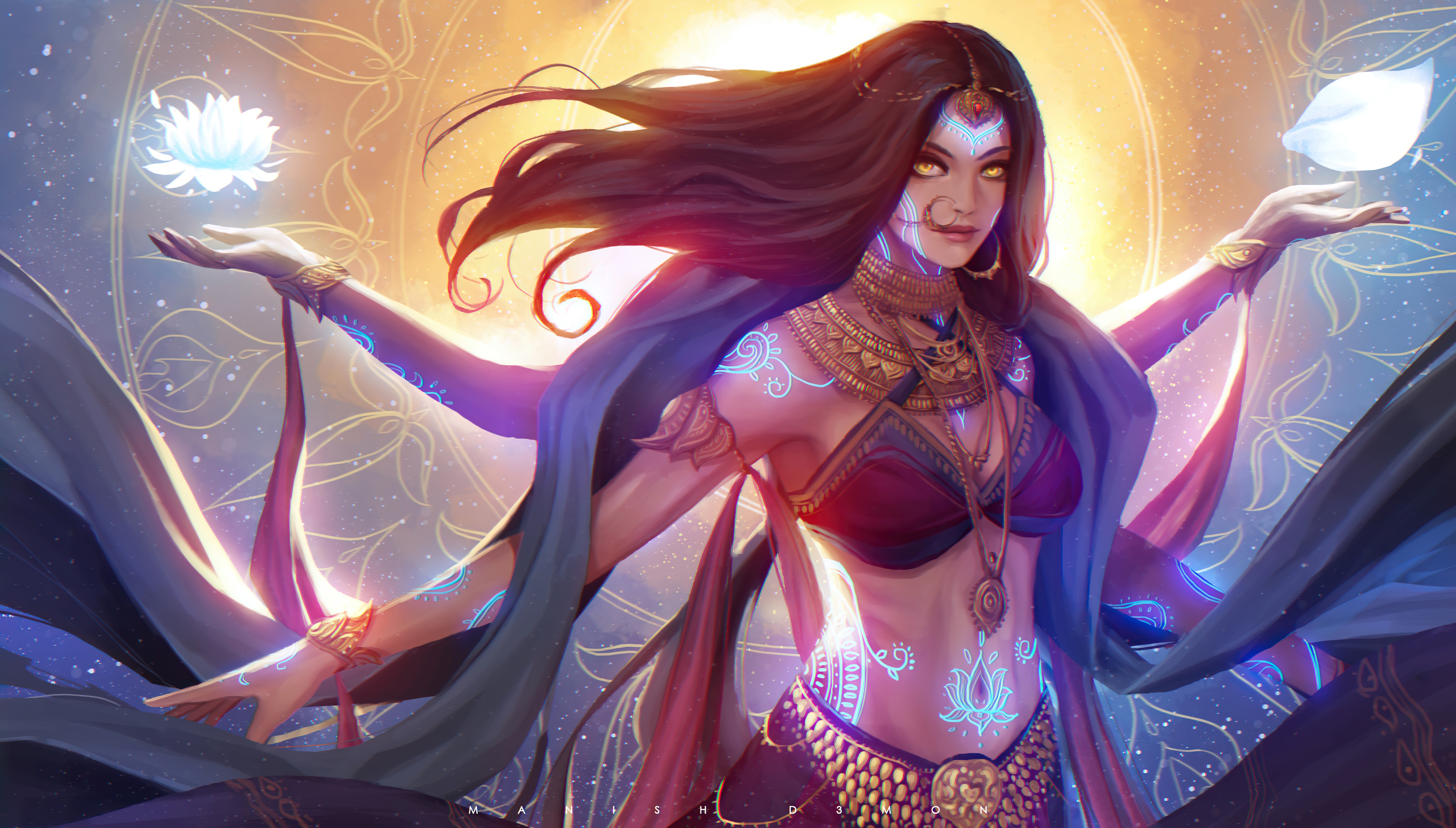 Digital Art of a Woman with Glowing Tattoos HD Wallpaper