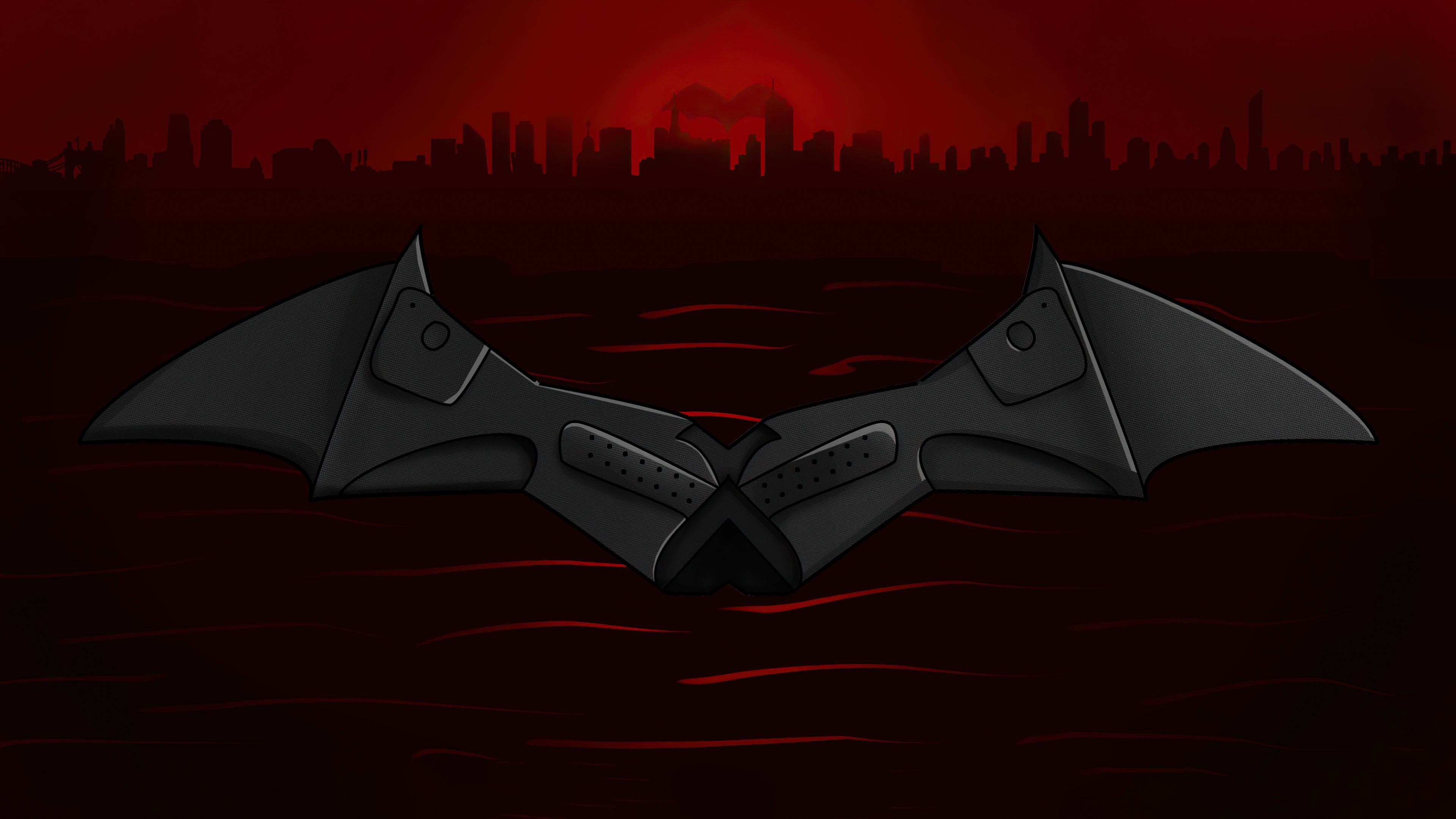 Batman symbol in front of Gotham City skyline at sunset HD Wallpaper