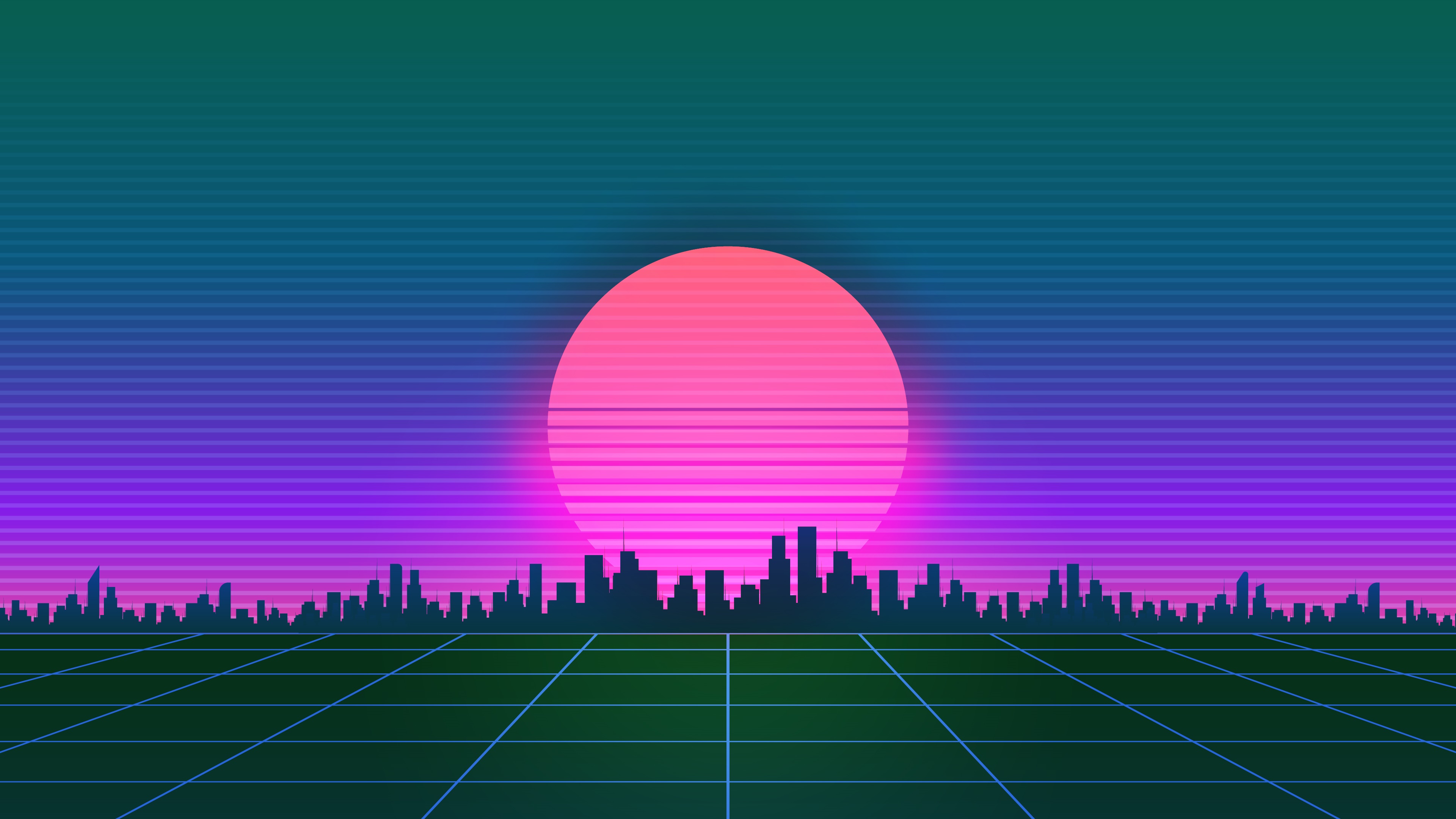 Retrowave cityscape with a large pink sun HD Wallpaper