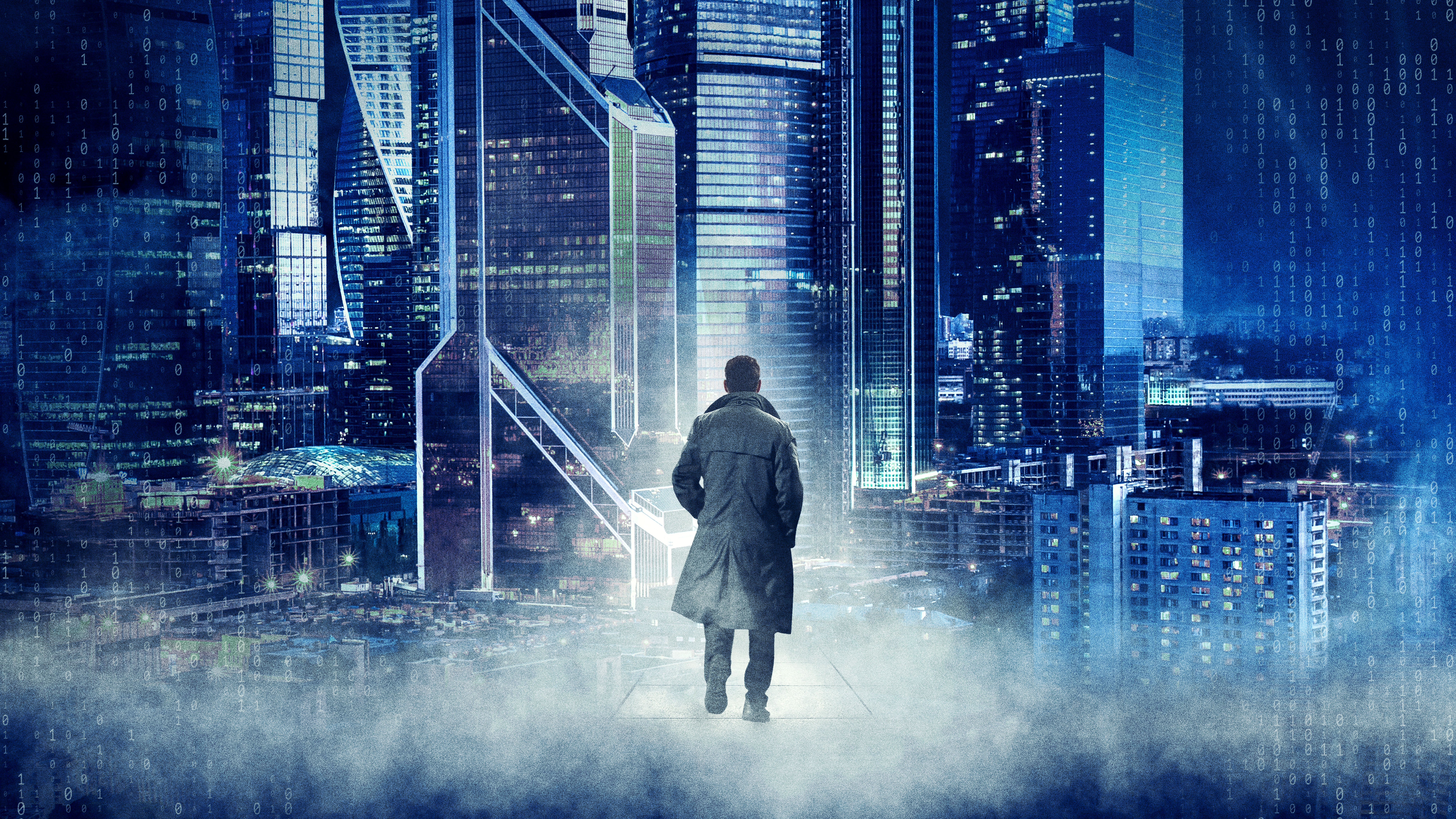 Man in trench coat in futuristic city with binary code HD Wallpaper