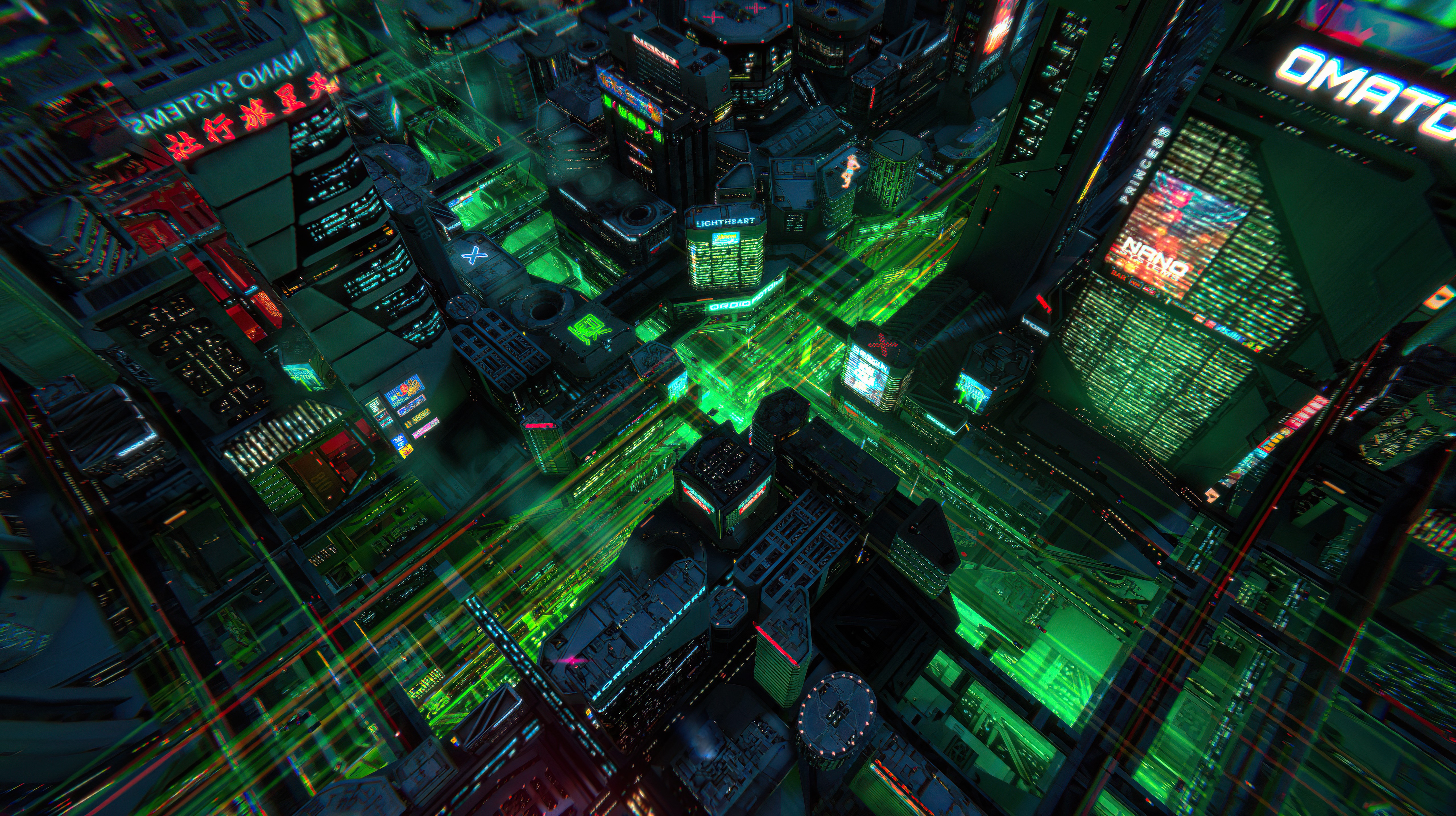 Cyberpunk city with neon lights and flying vehicles HD Wallpaper