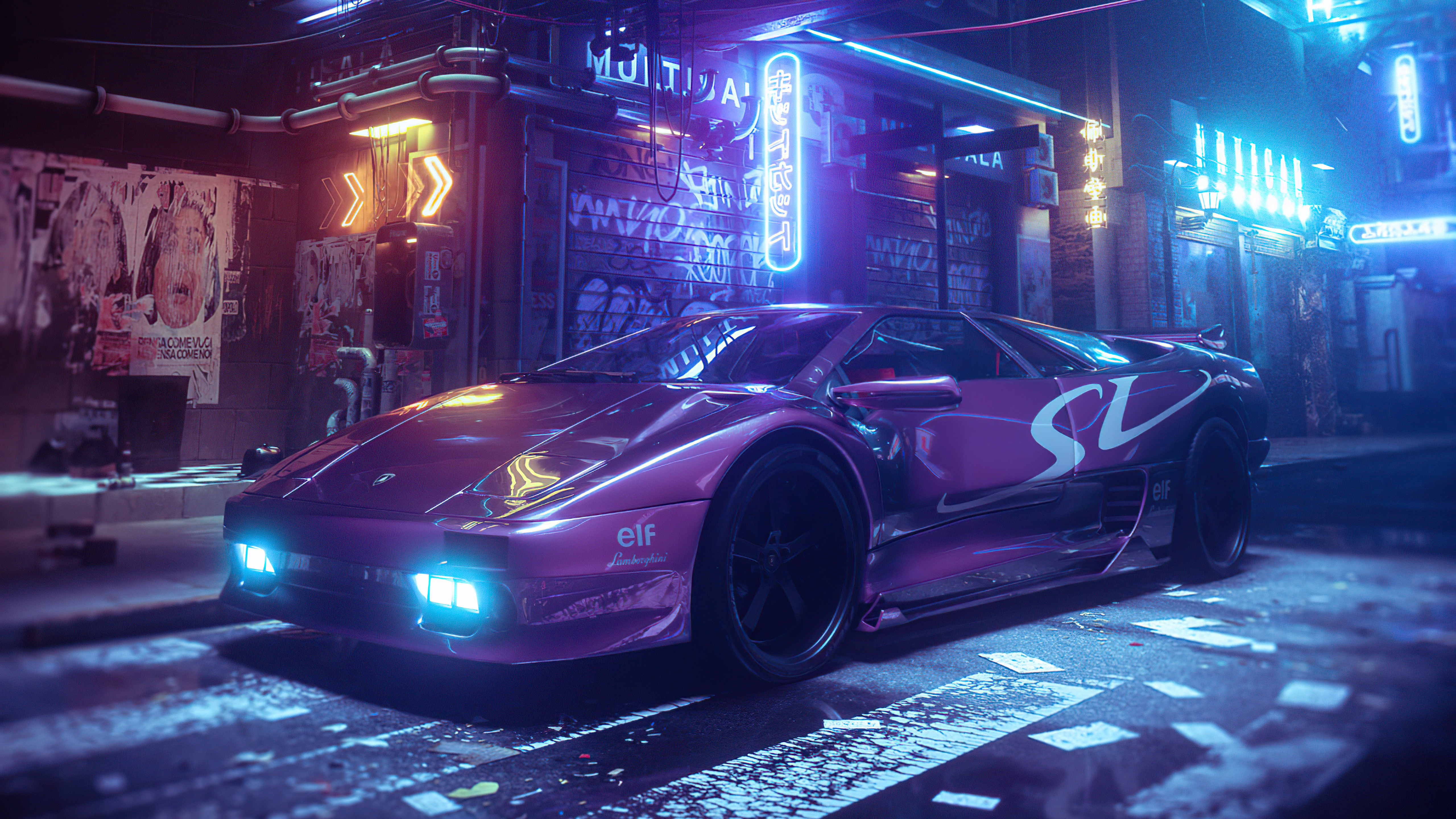 Purple Lamborghini sports car in a neon-lit city street HD Wallpaper