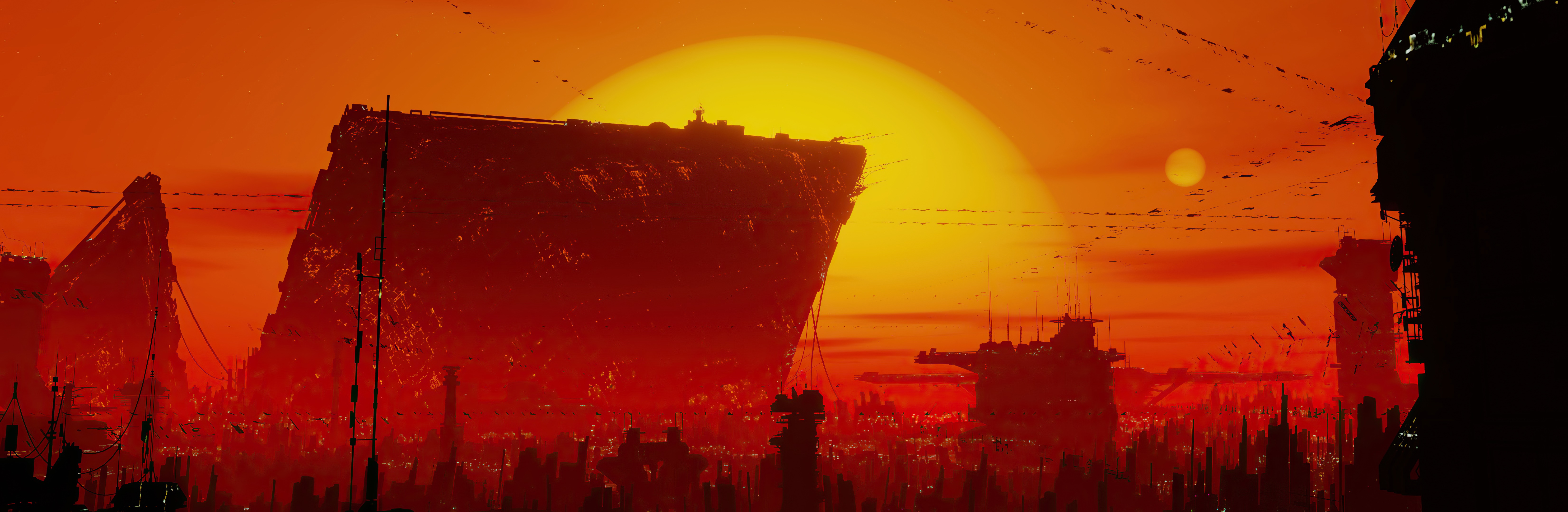 Digital art of a futuristic city at sunset HD Wallpaper