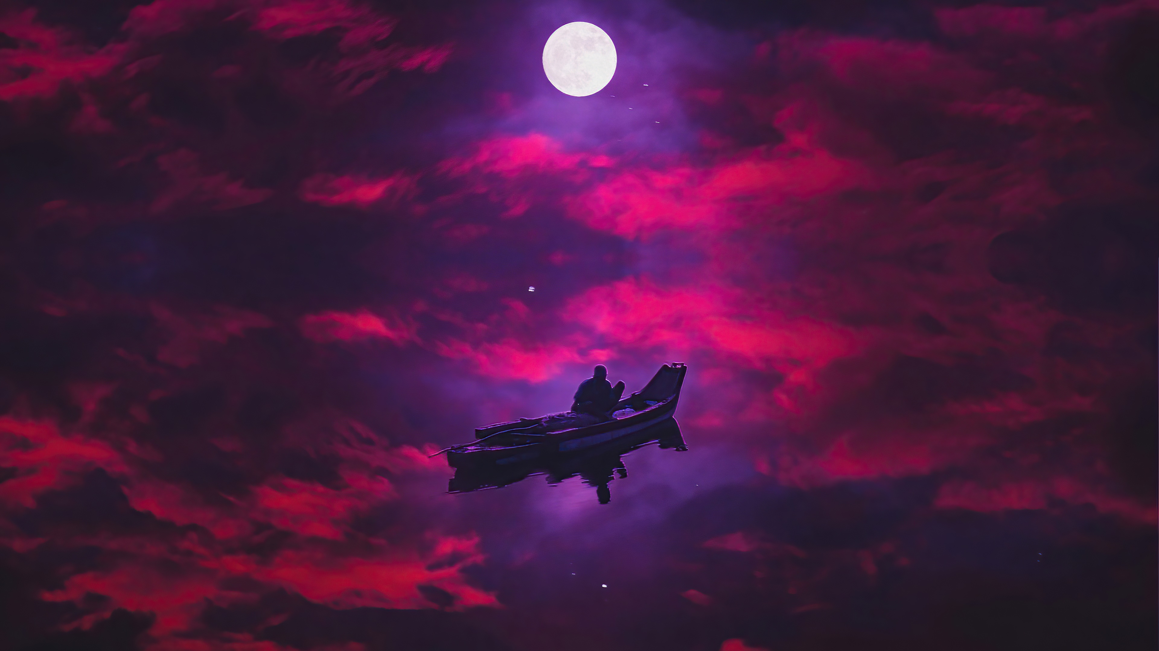 Man in a boat under a full moon and pink clouds HD Wallpaper