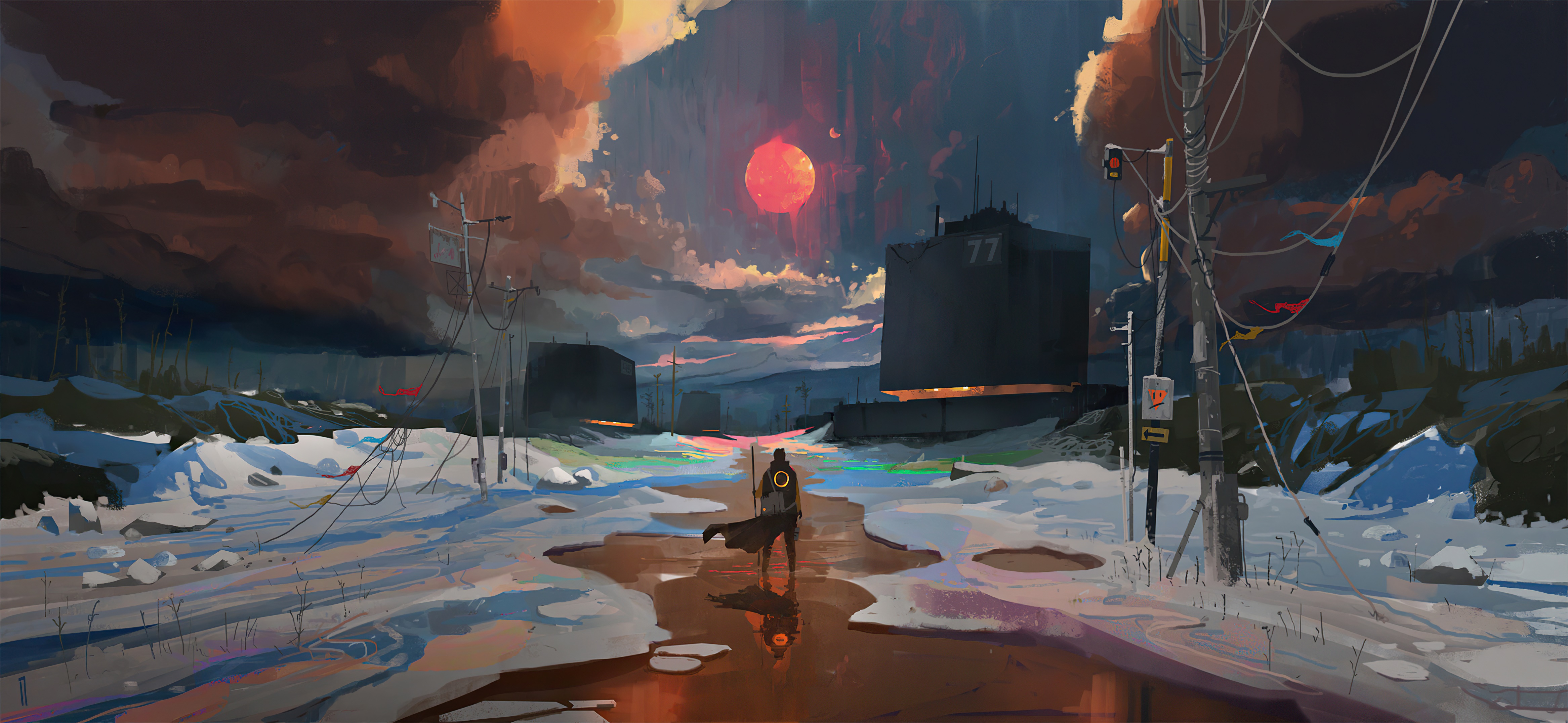 Figure with dog in a post-apocalyptic landscape HD Wallpaper