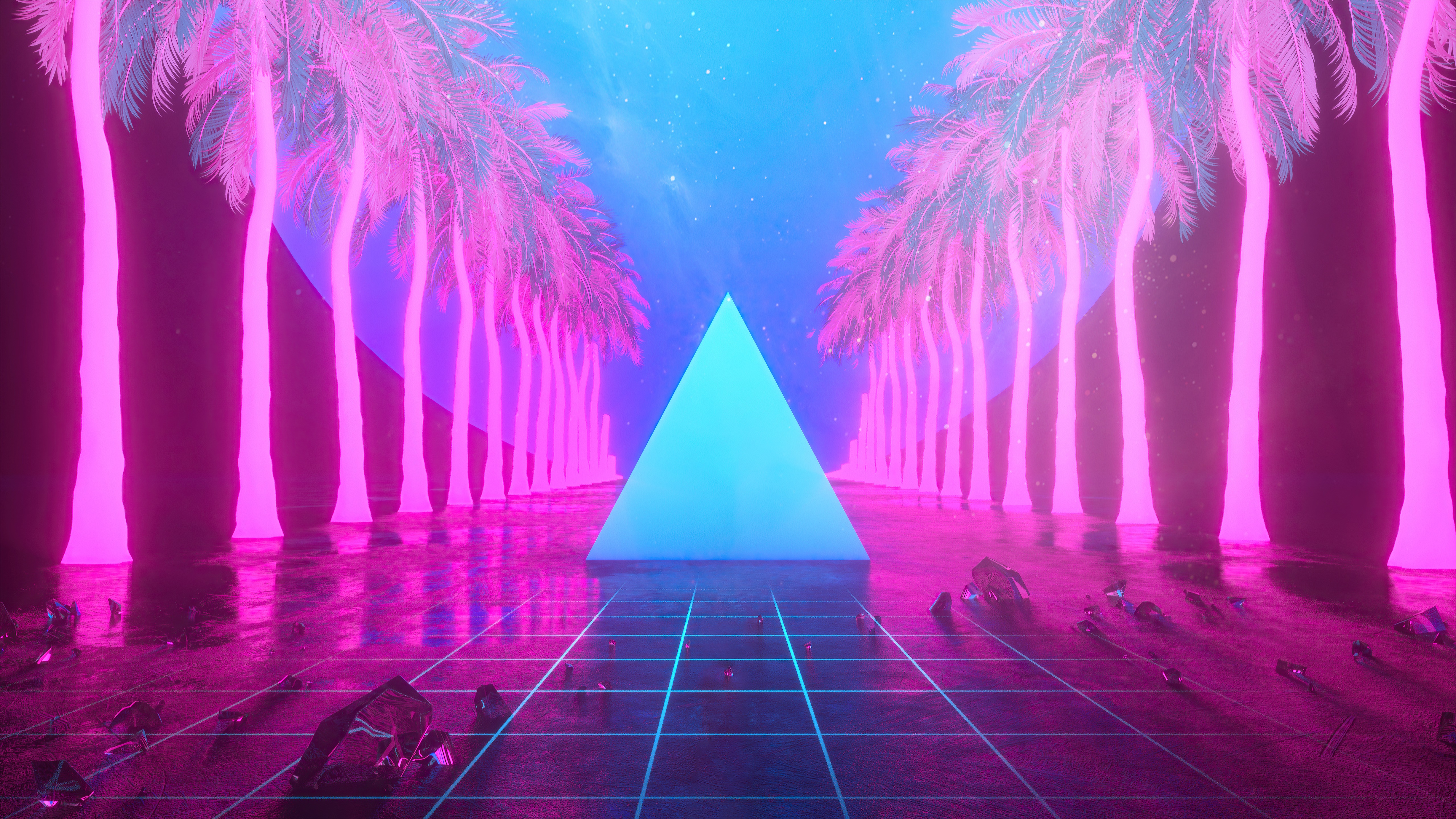 Synthwave digital art with neon palm trees and pyramid HD Wallpaper