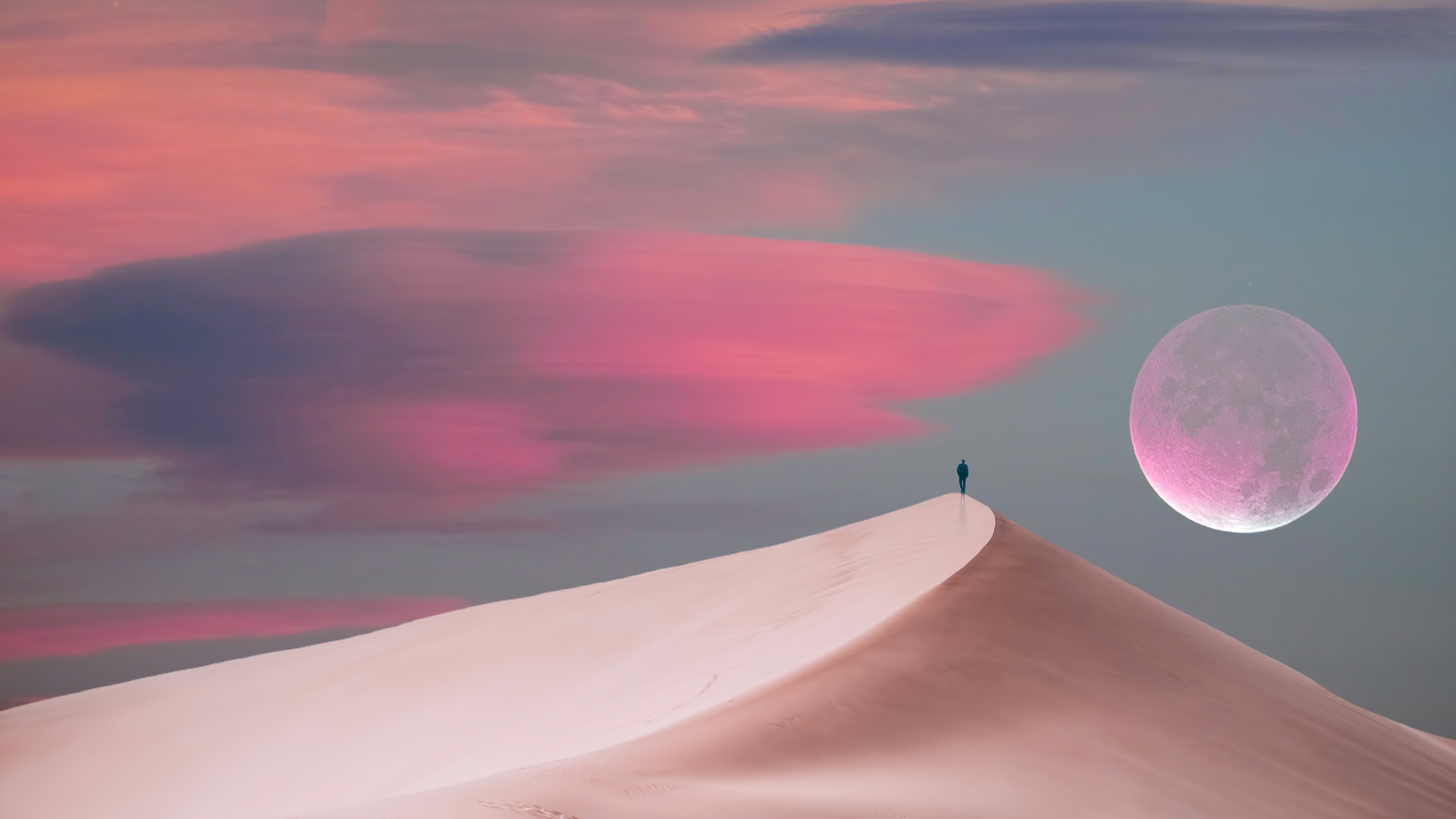 Solitary Figure on Dune with Pink Moon HD Wallpaper
