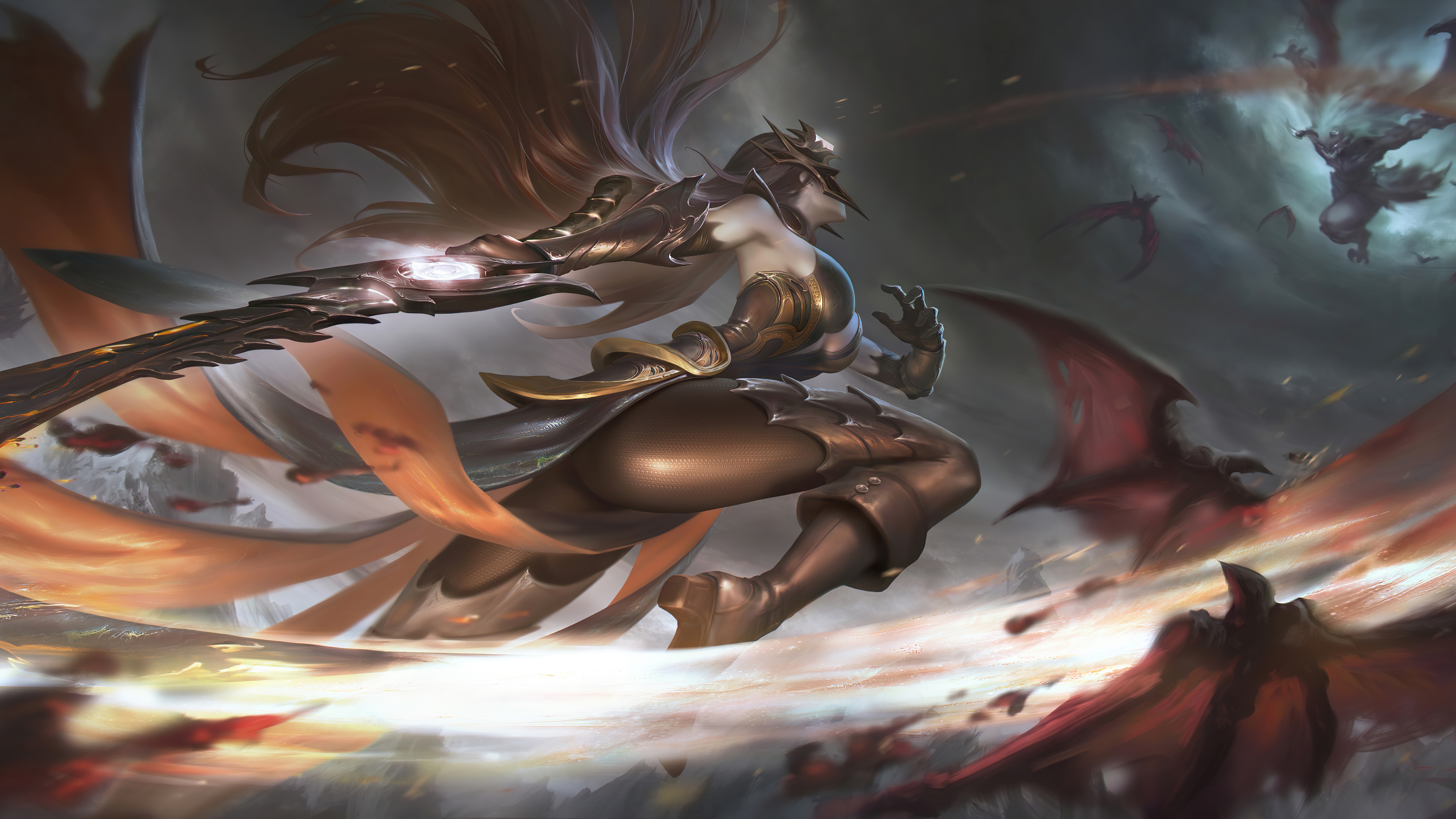 Female warrior with sword fighting bat-like creatures HD Wallpaper