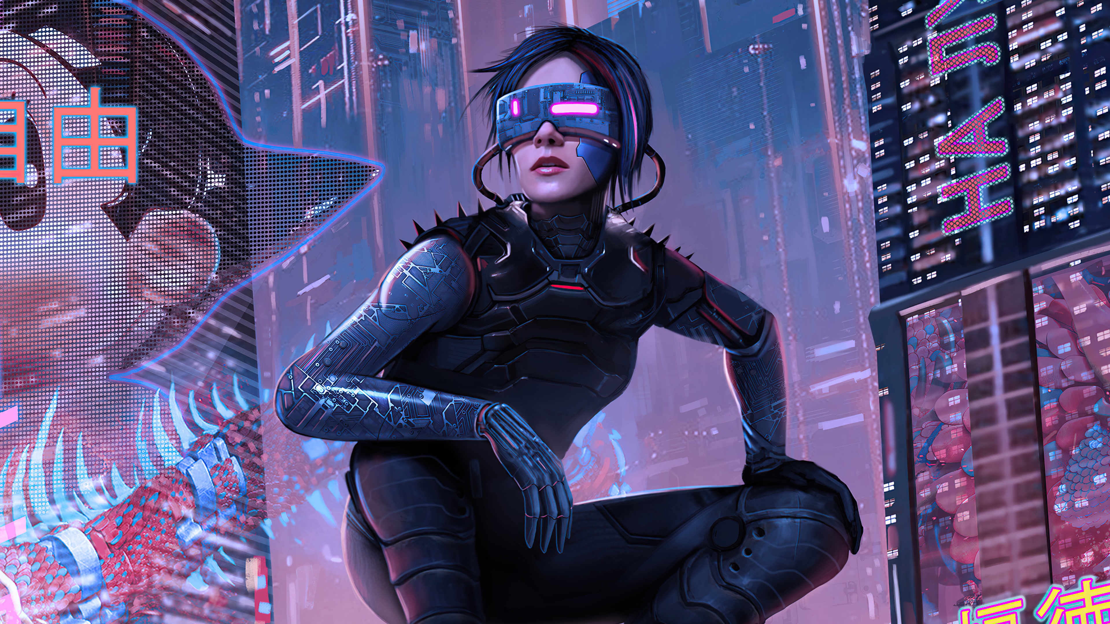Cyberpunk woman with VR goggles in a neon city HD Wallpaper