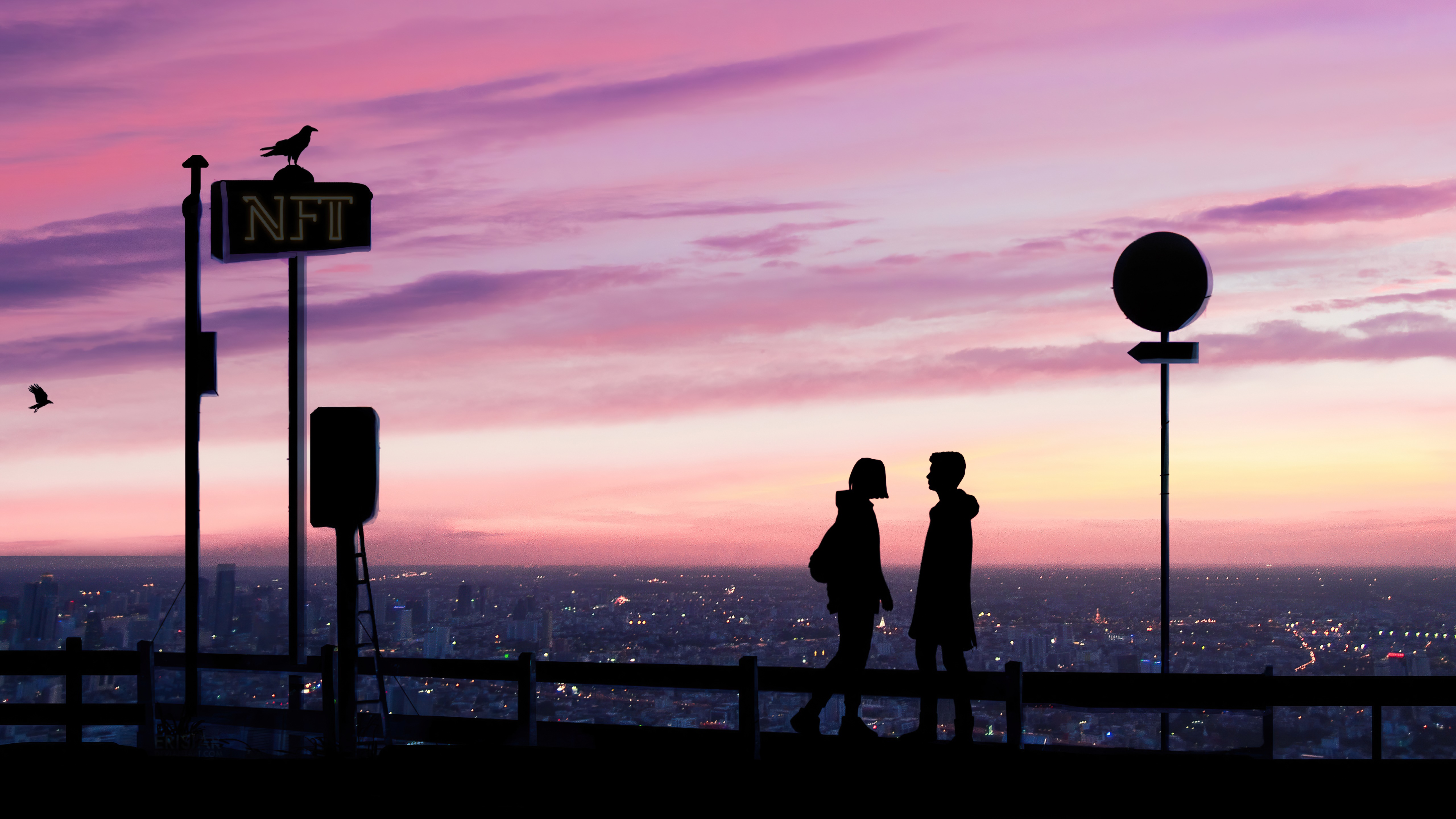 Couple on a rooftop overlooking city at sunset HD Wallpaper