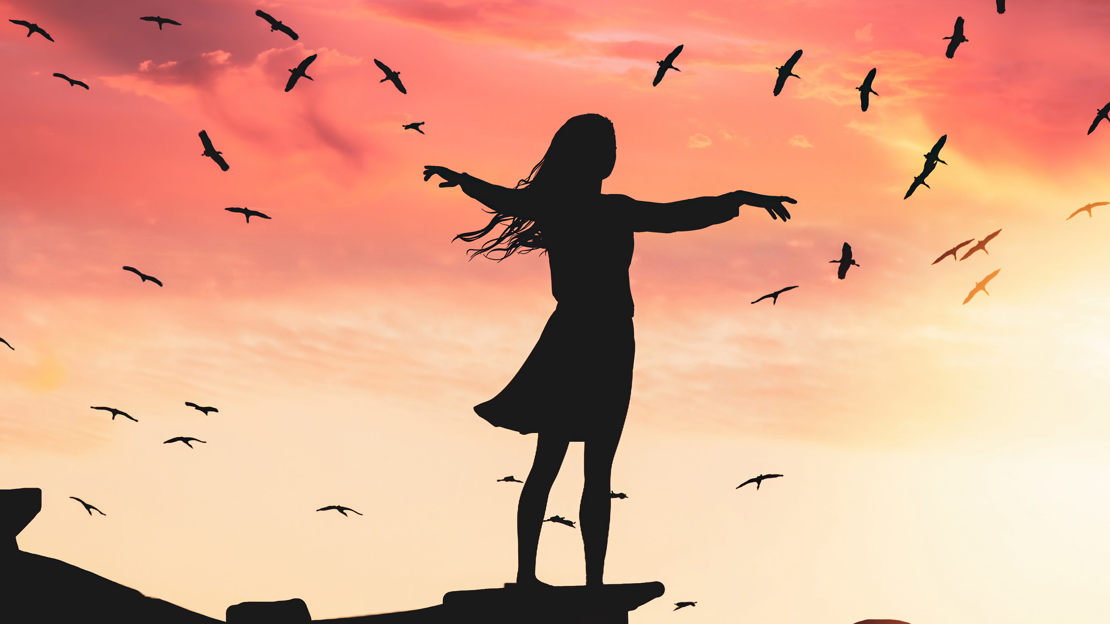 Silhouette of a woman with birds at sunset HD Wallpaper