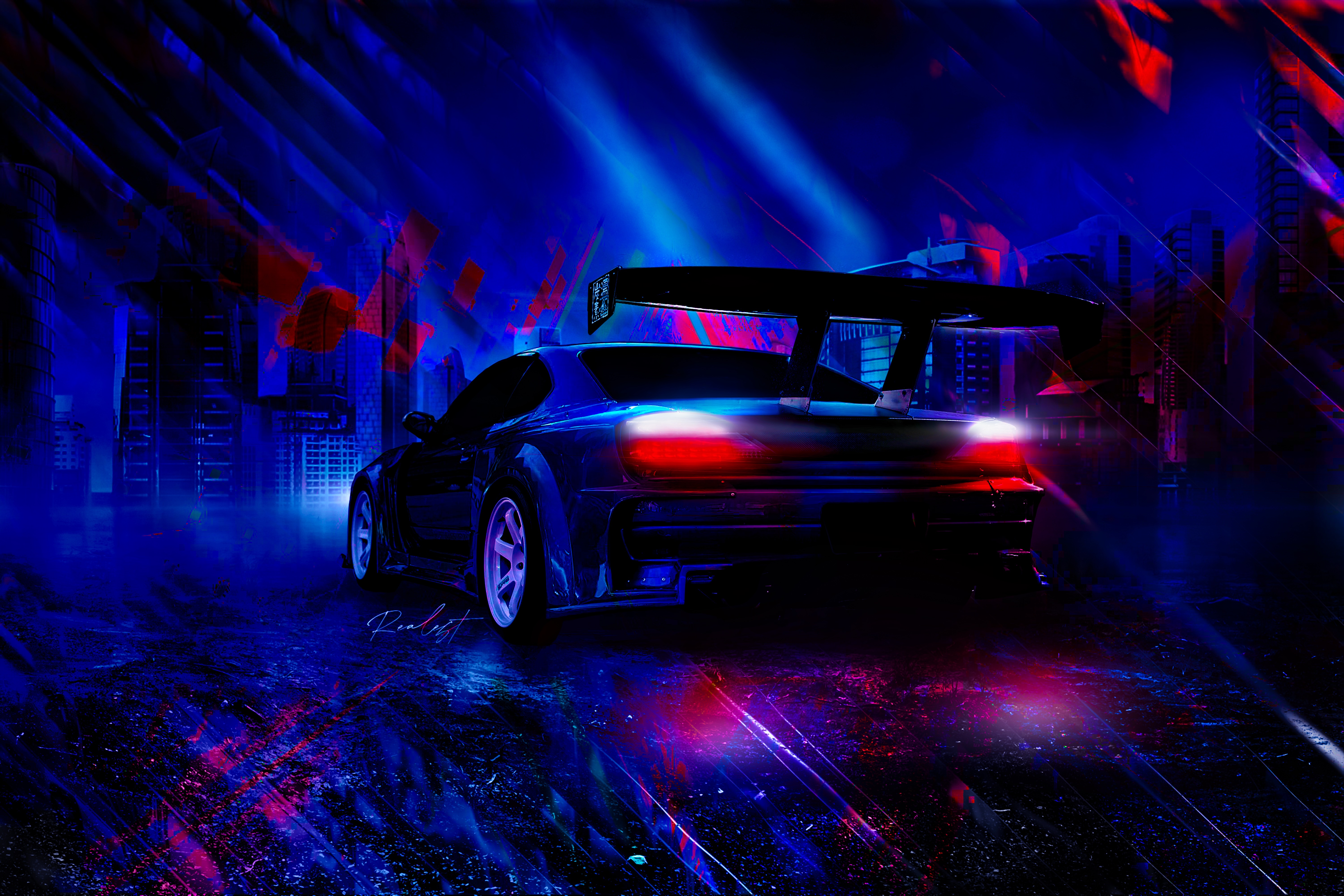 Digital art of a modified car with a large spoiler HD Wallpaper