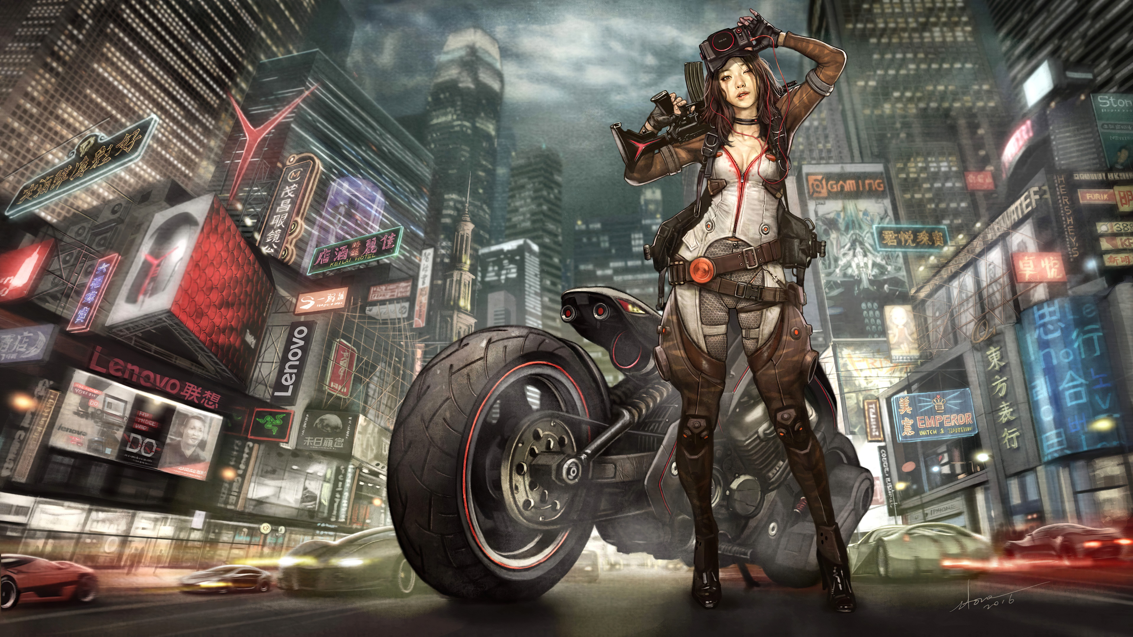 Cyberpunk woman with motorcycle in neon city HD Wallpaper