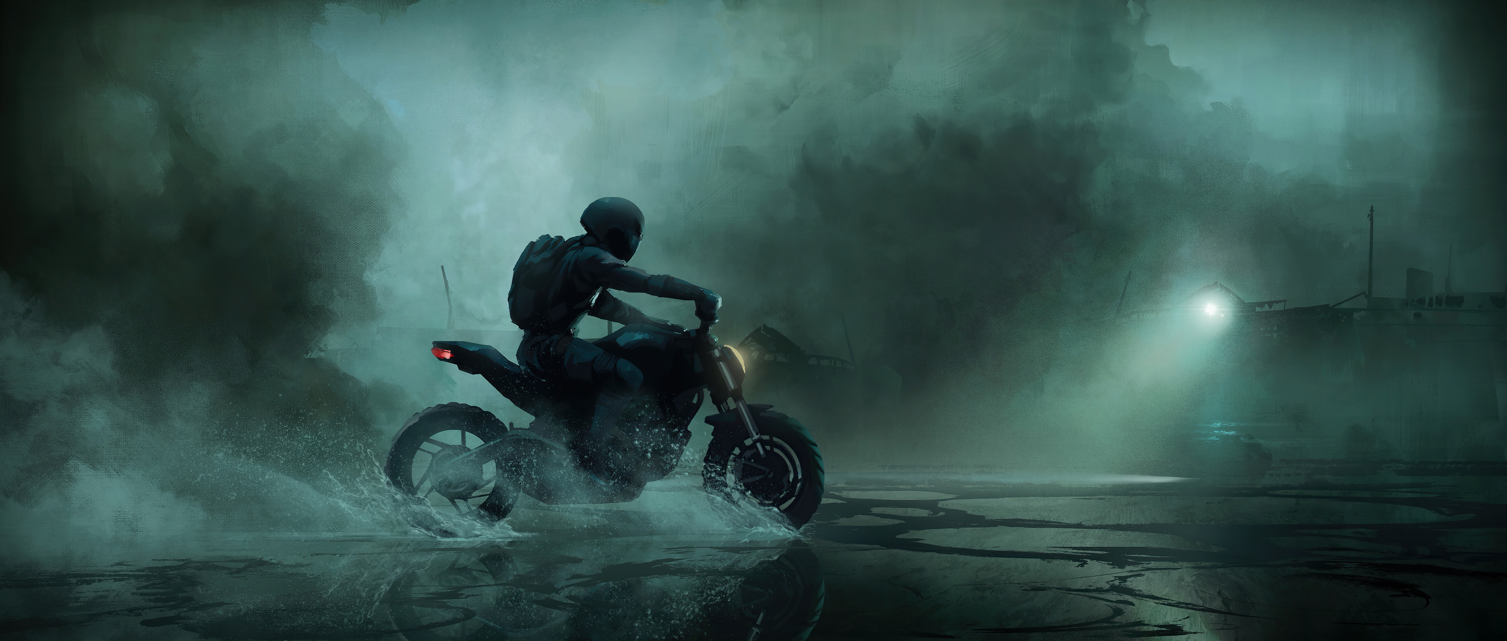 Biker riding a motorcycle through water HD Wallpaper