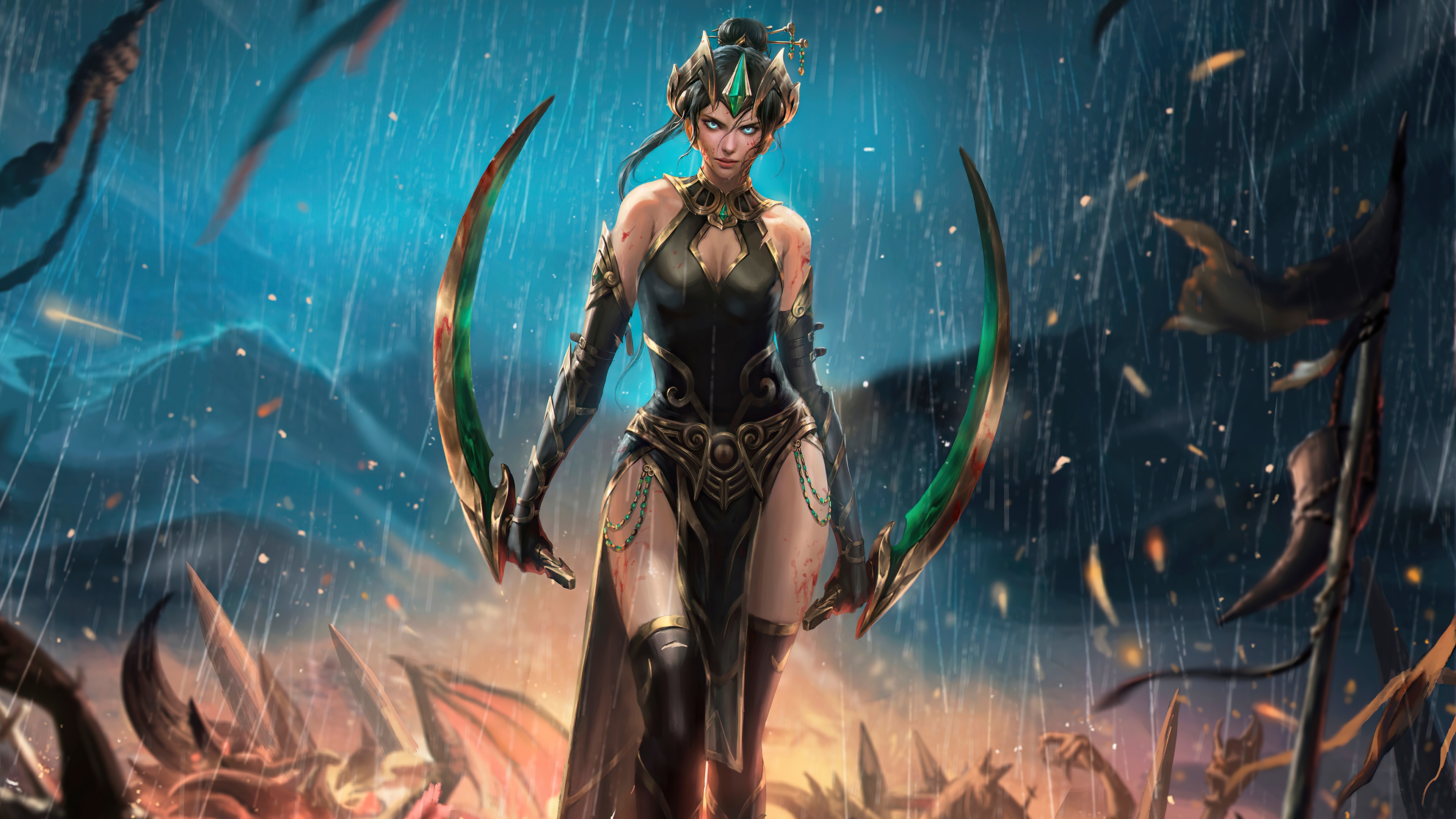 Woman with swords in a battle HD Wallpaper