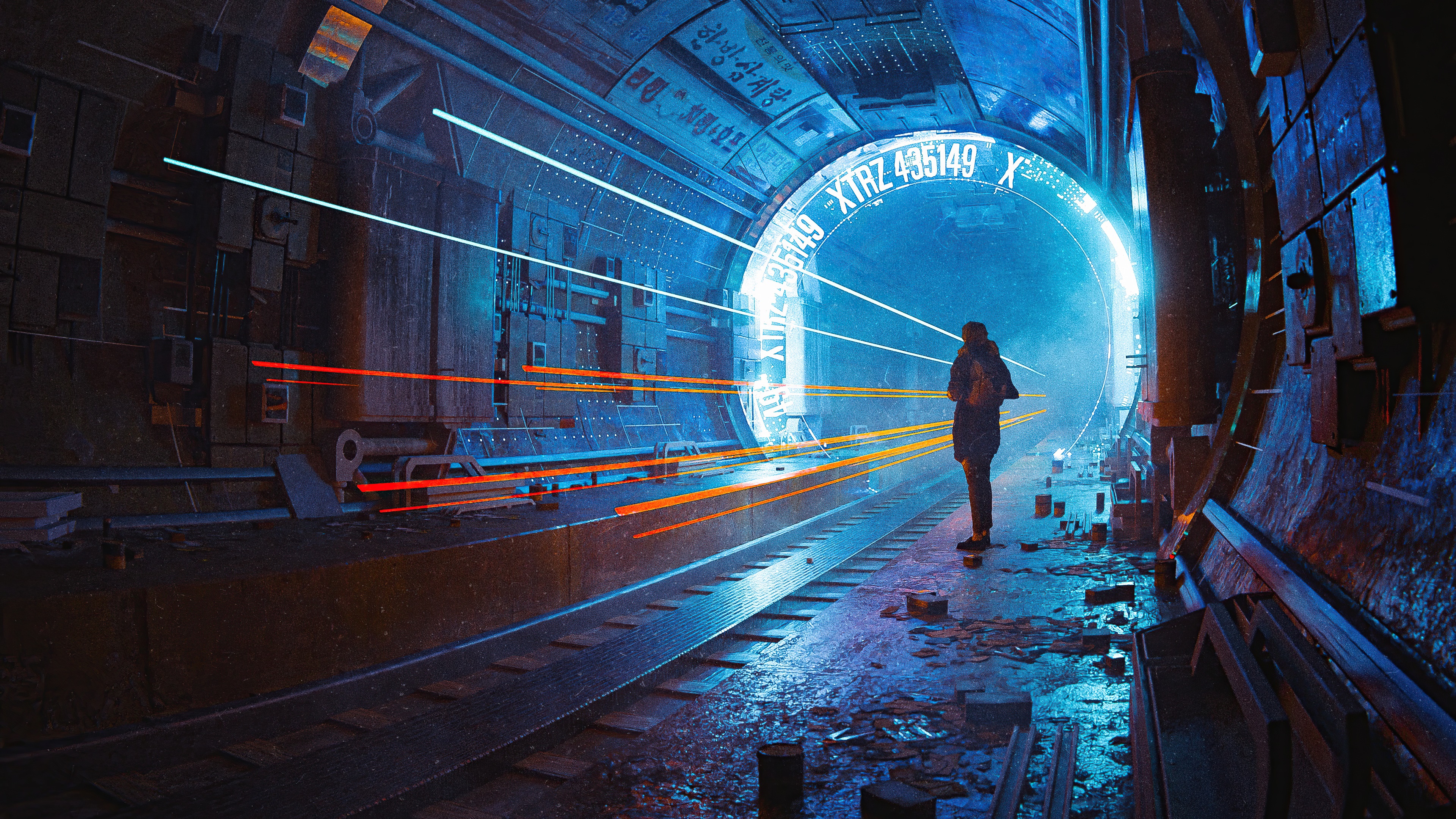 Man in futuristic tunnel with light streaks HD Wallpaper