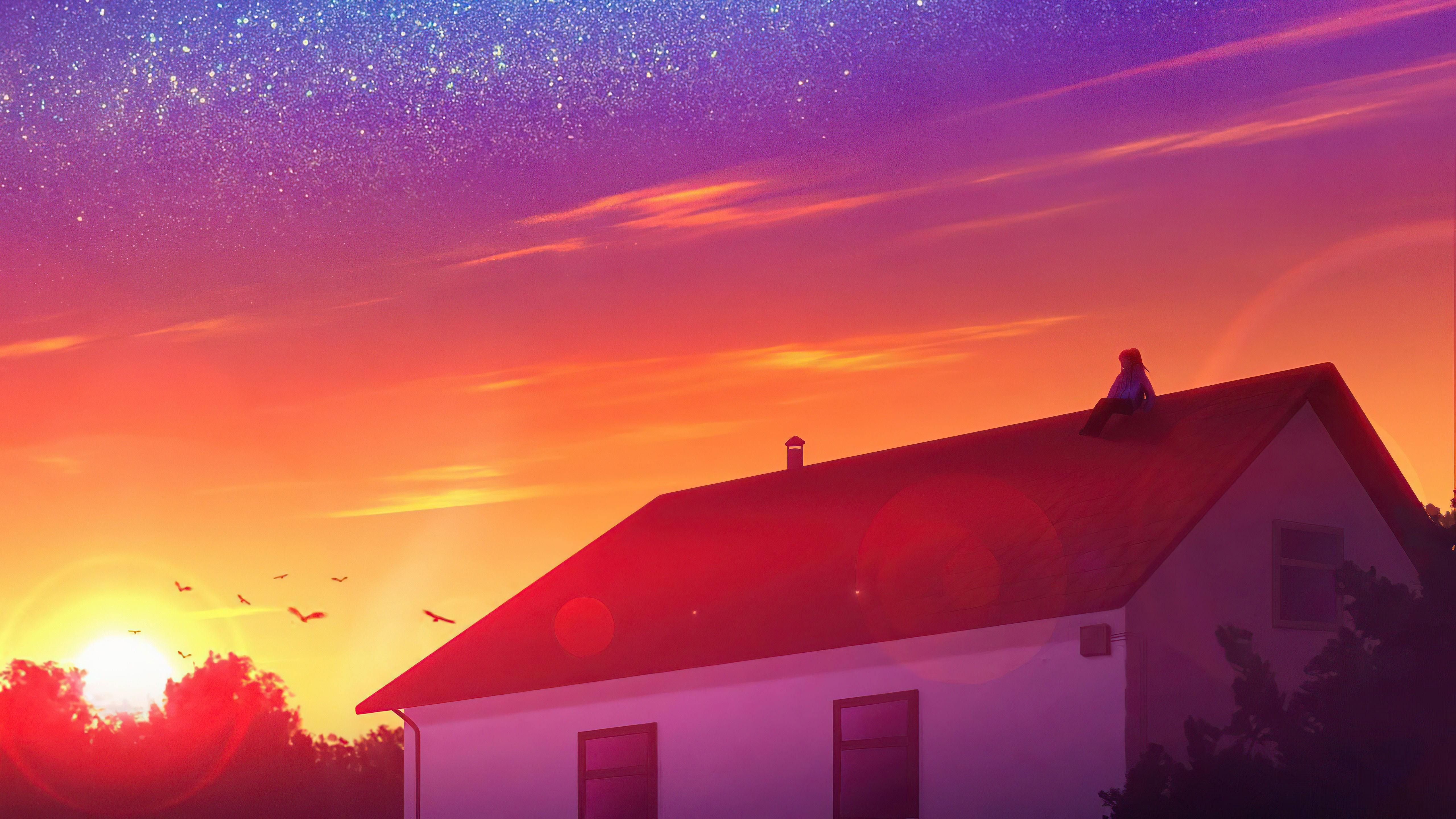 Person sitting on a house roof at sunset HD Wallpaper