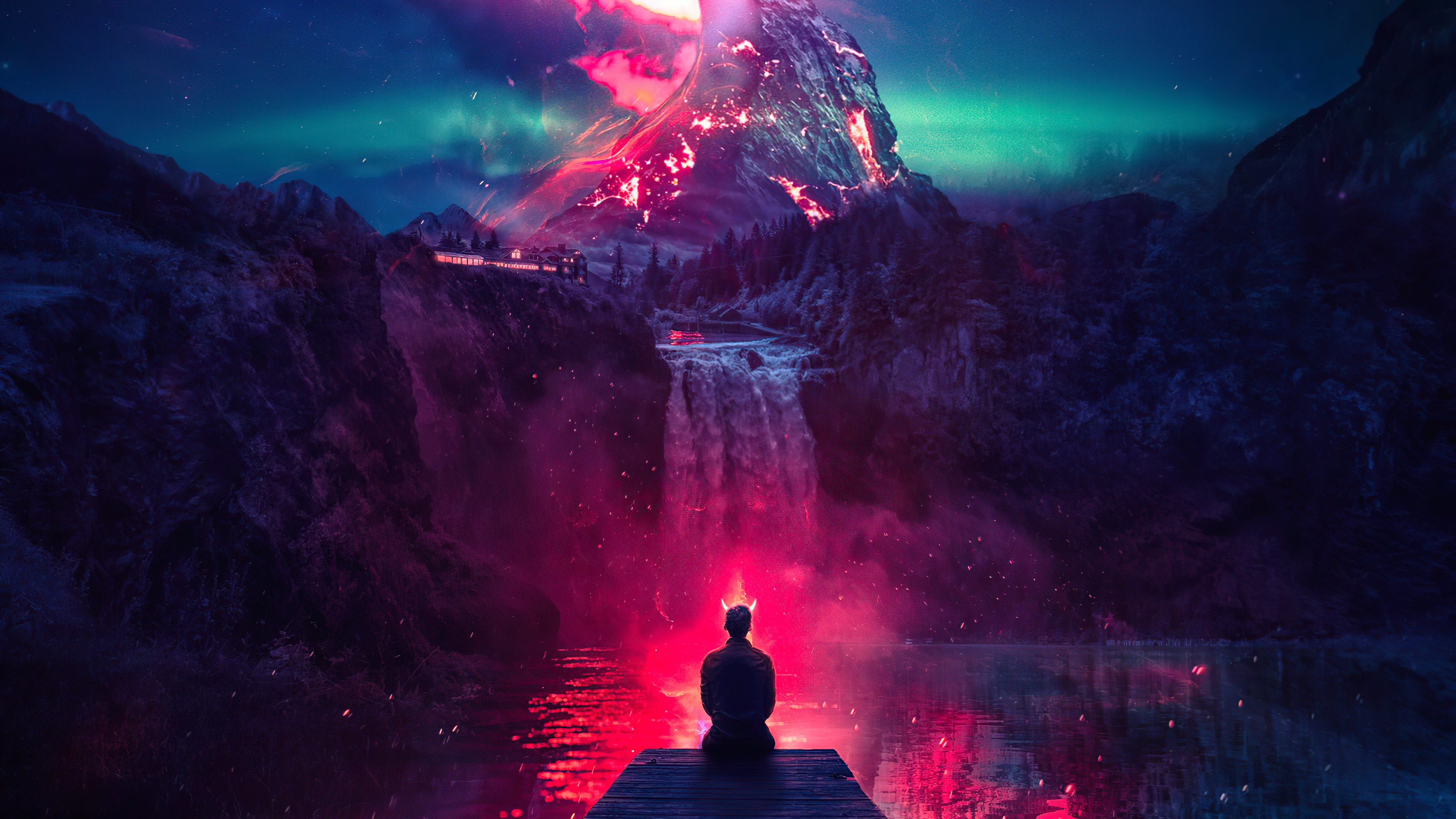 Man with horns by waterfall and volcano 4K HD Wallpaper