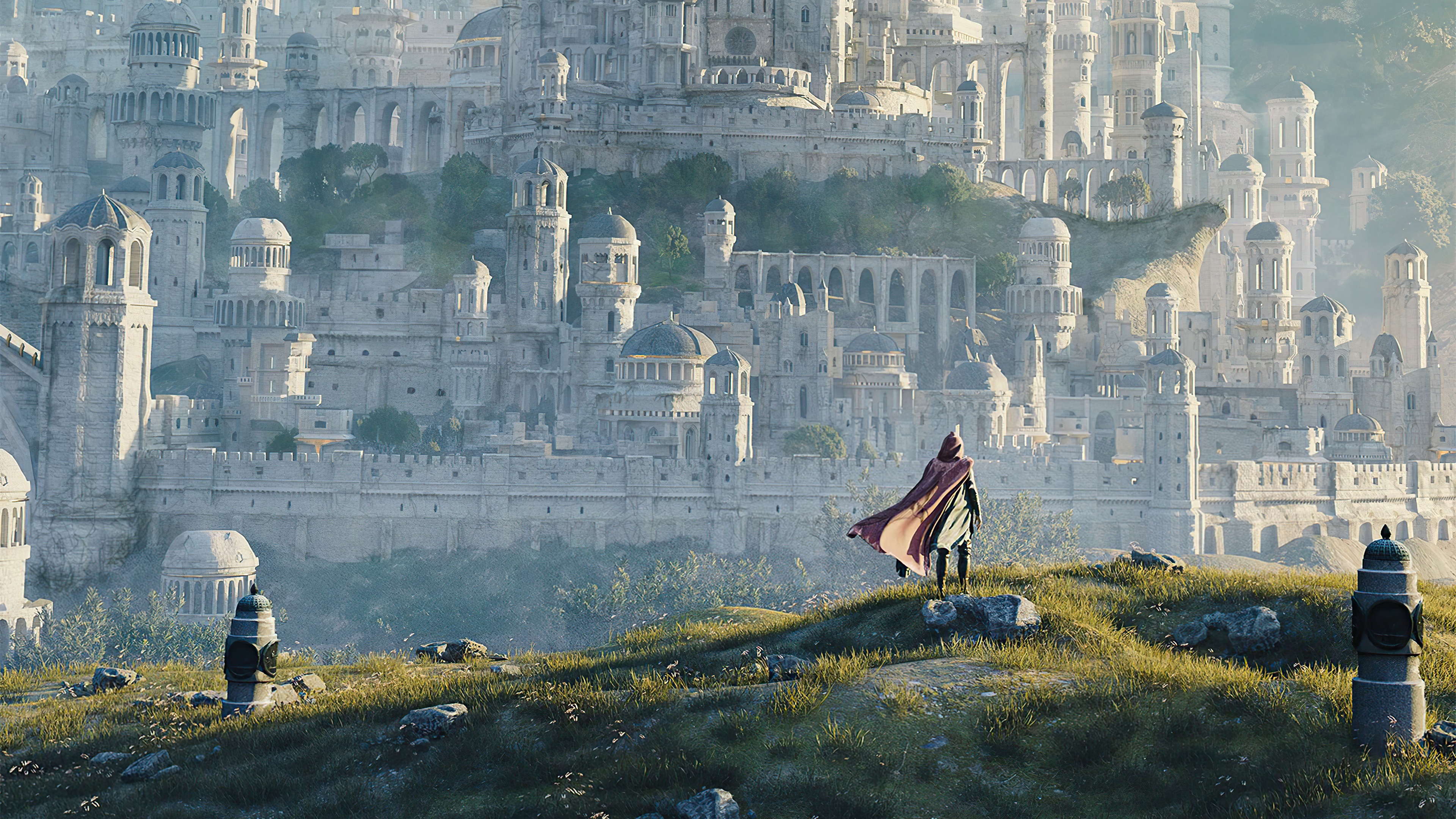 Fantasy Cityscape with a Cloaked Figure HD Wallpaper