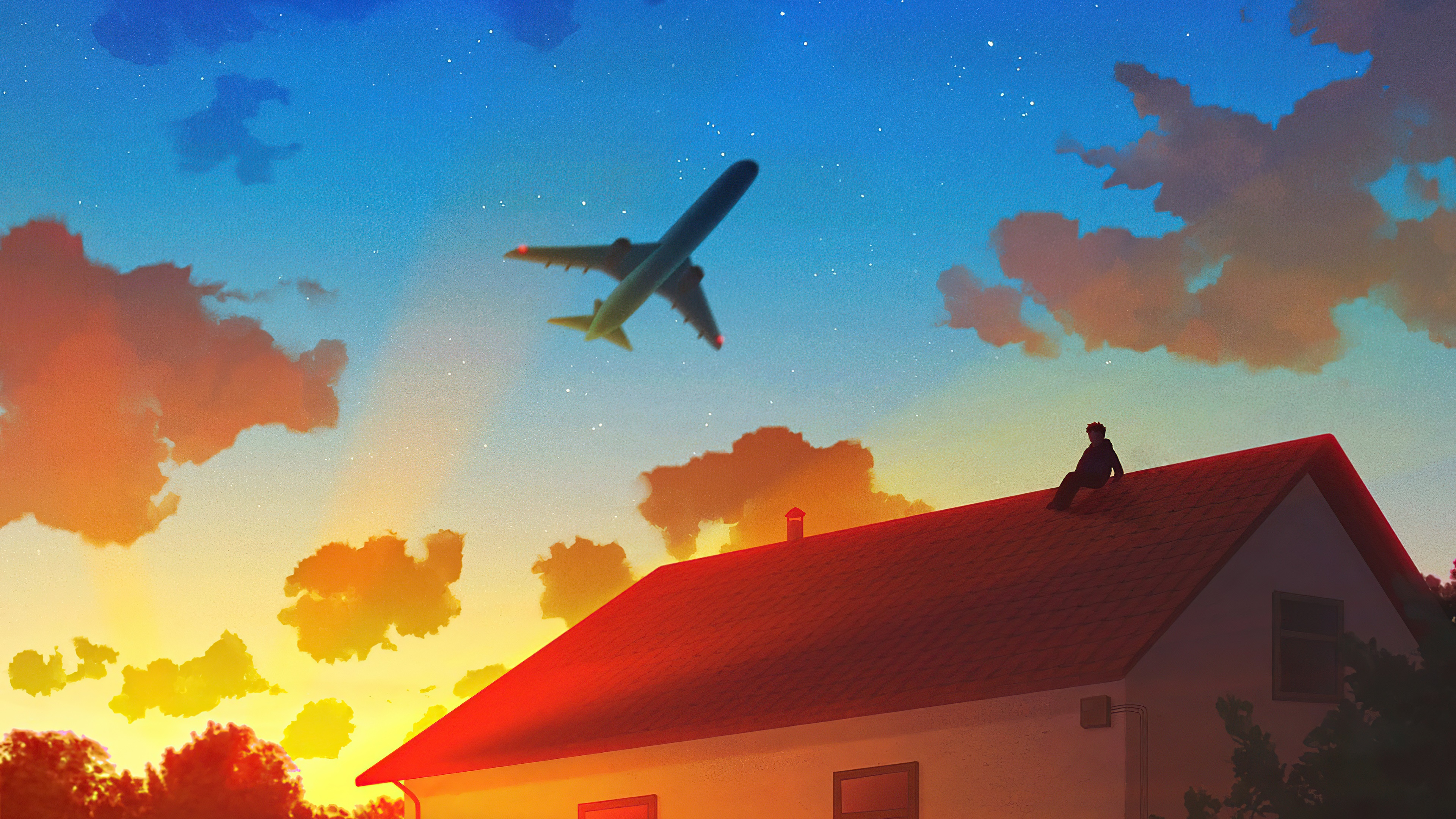 Person on roof watching airplane at sunset HD Wallpaper