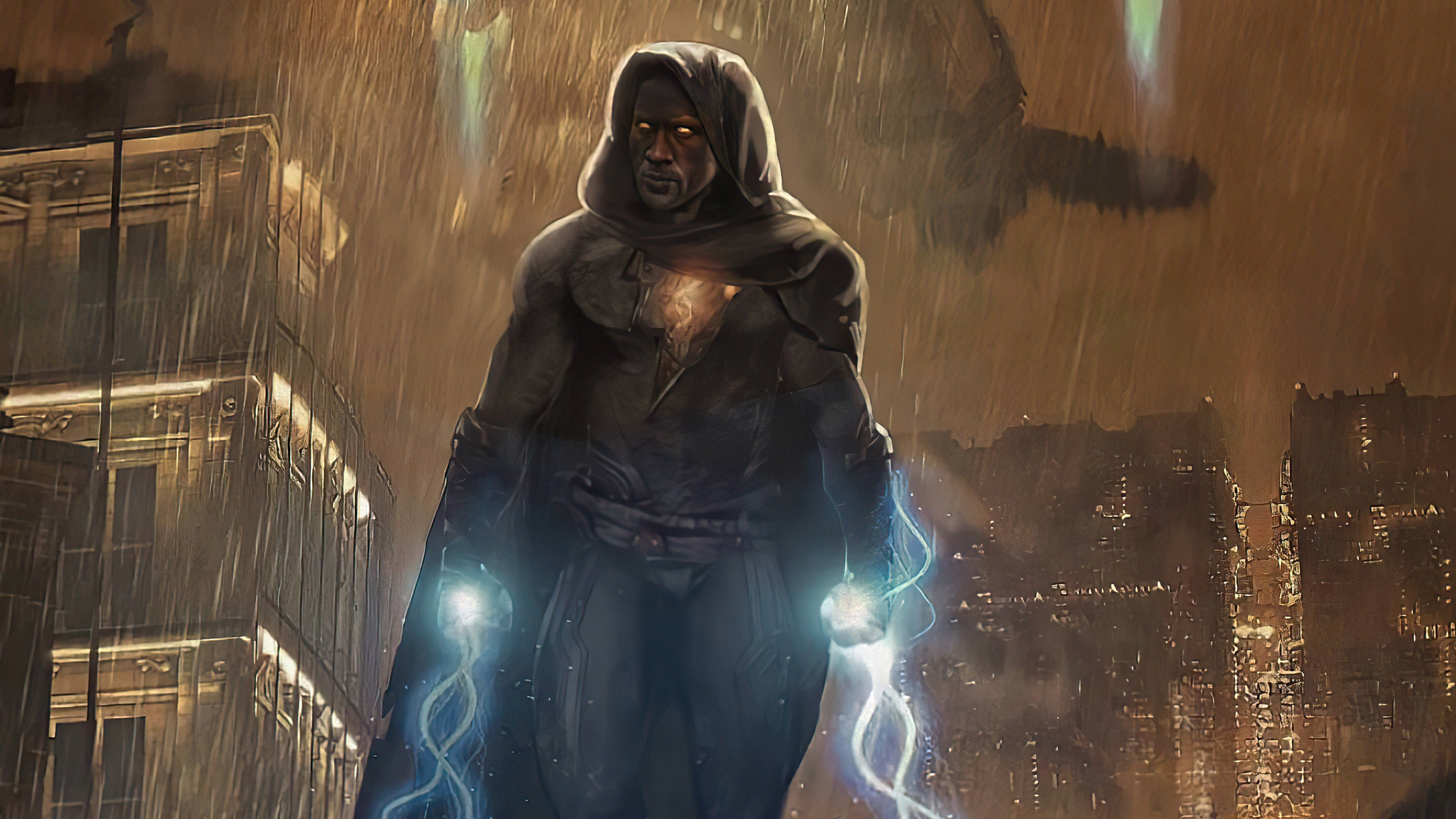 Black Adam in a hooded cloak with lightning powers HD Wallpaper