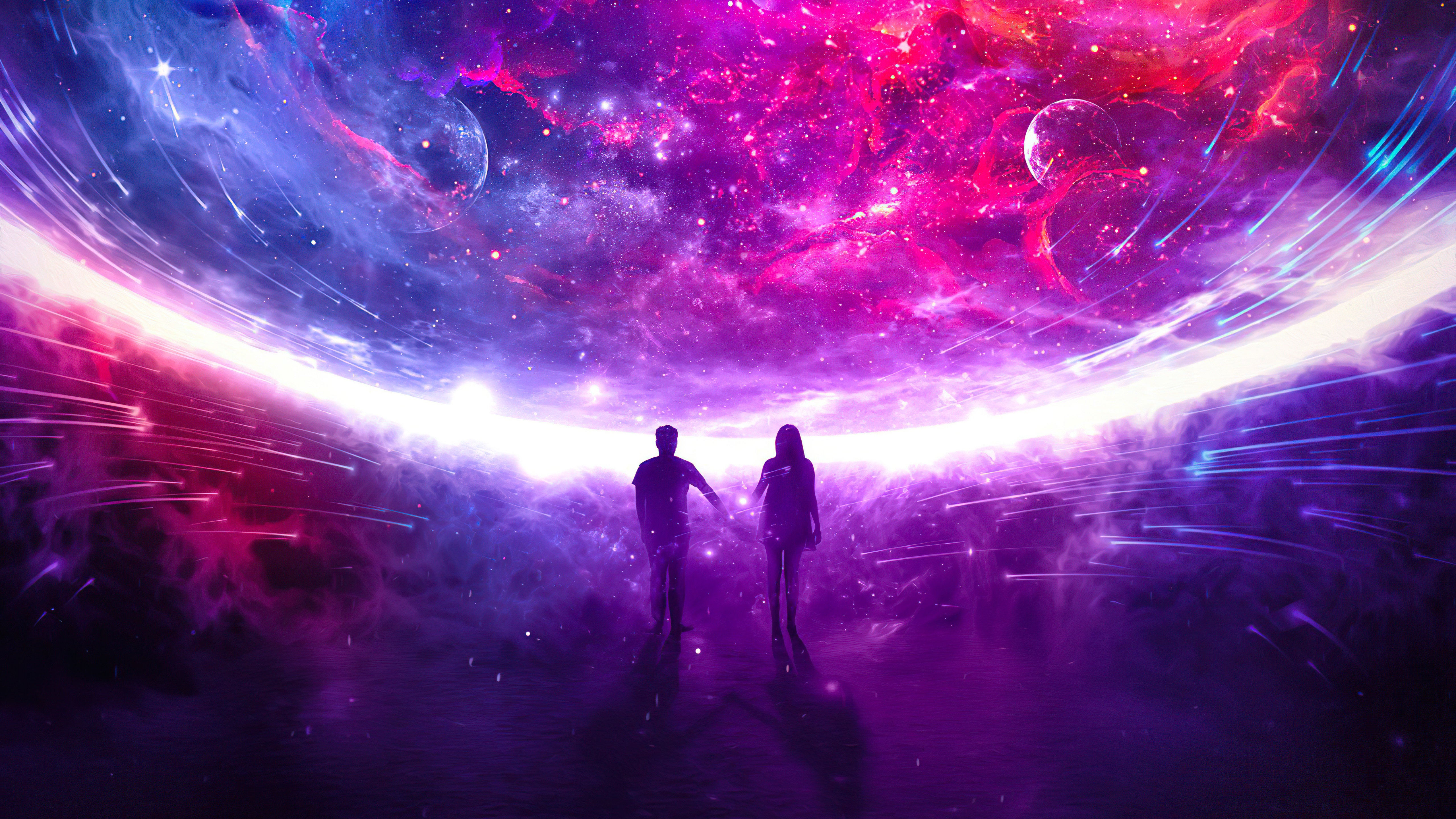 Couple holding hands in a colorful galaxy HD Wallpaper