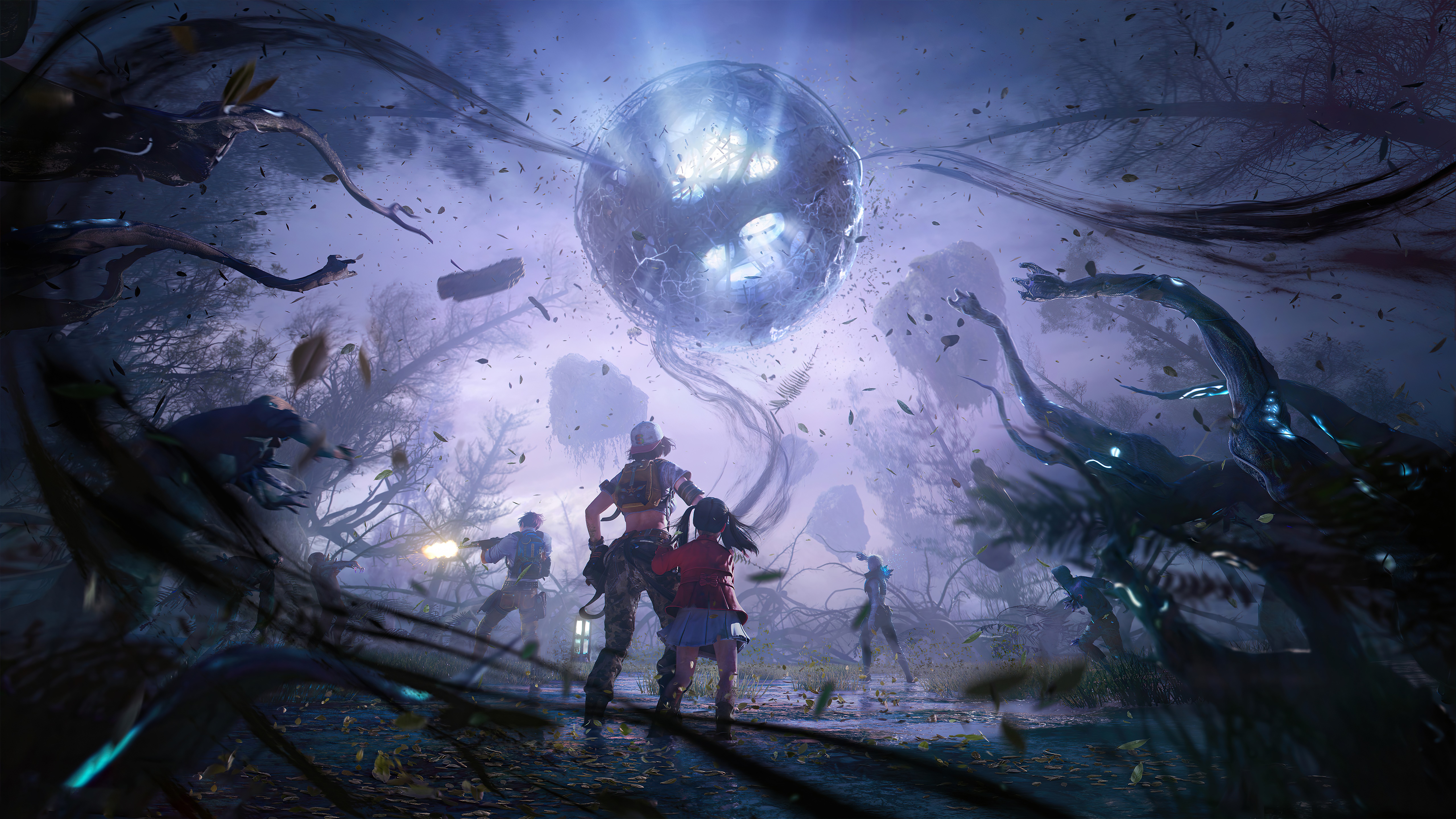 LifeAfter characters facing a glowing orb and dark creatures HD Wallpaper