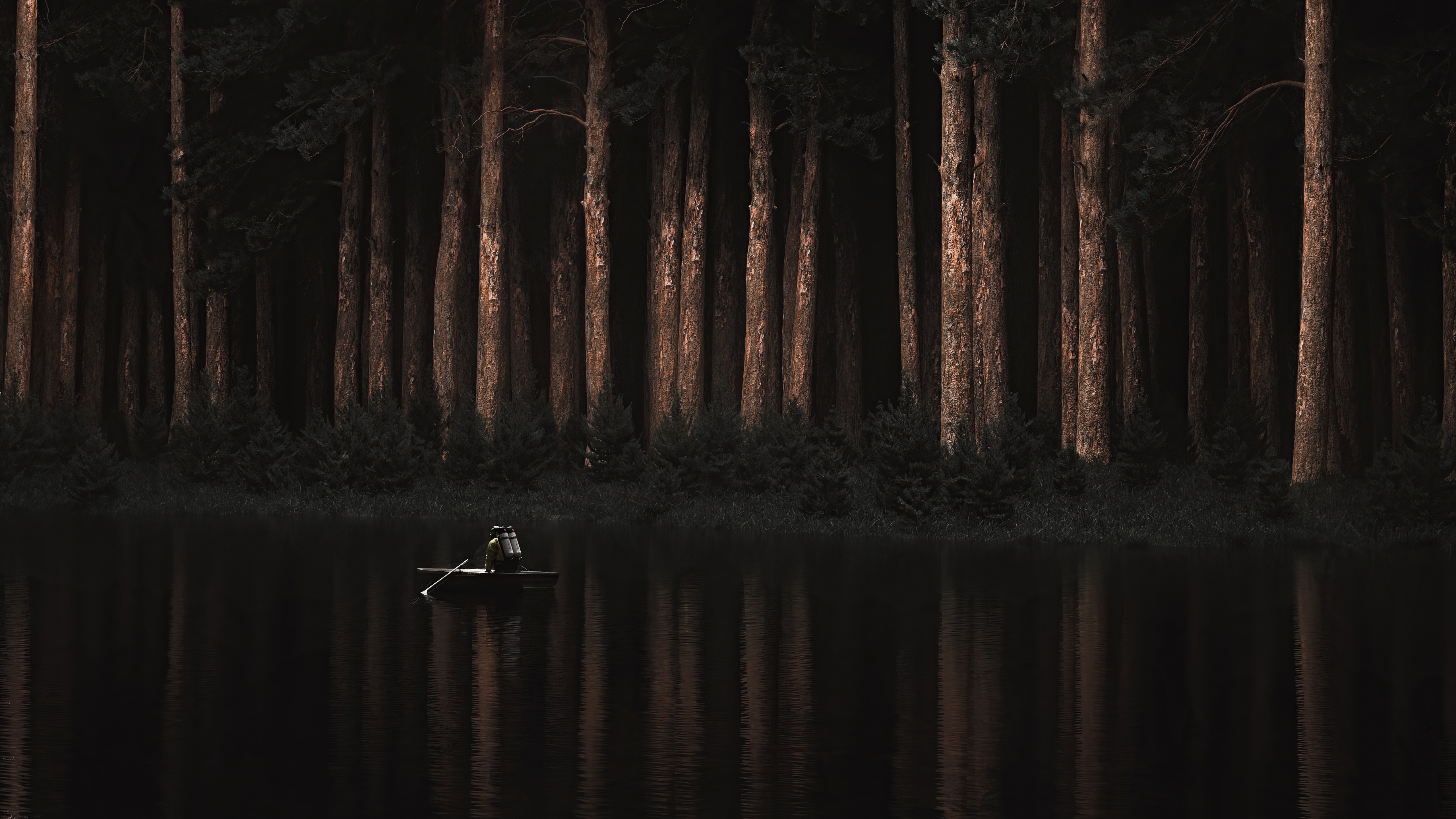Person in a boat on a lake with a forest background HD Wallpaper