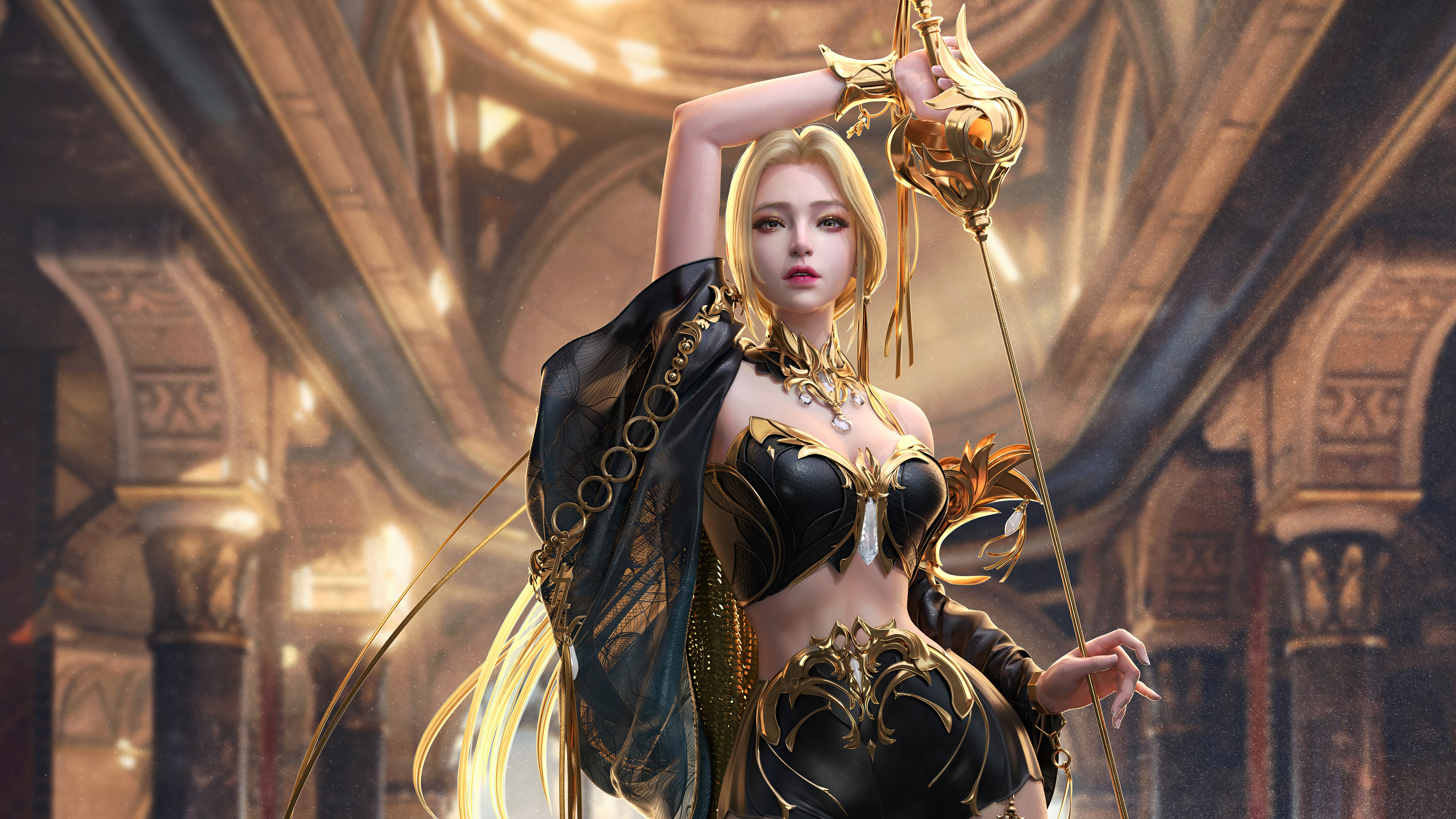 Fantasy warrior girl with golden staff HD Wallpaper