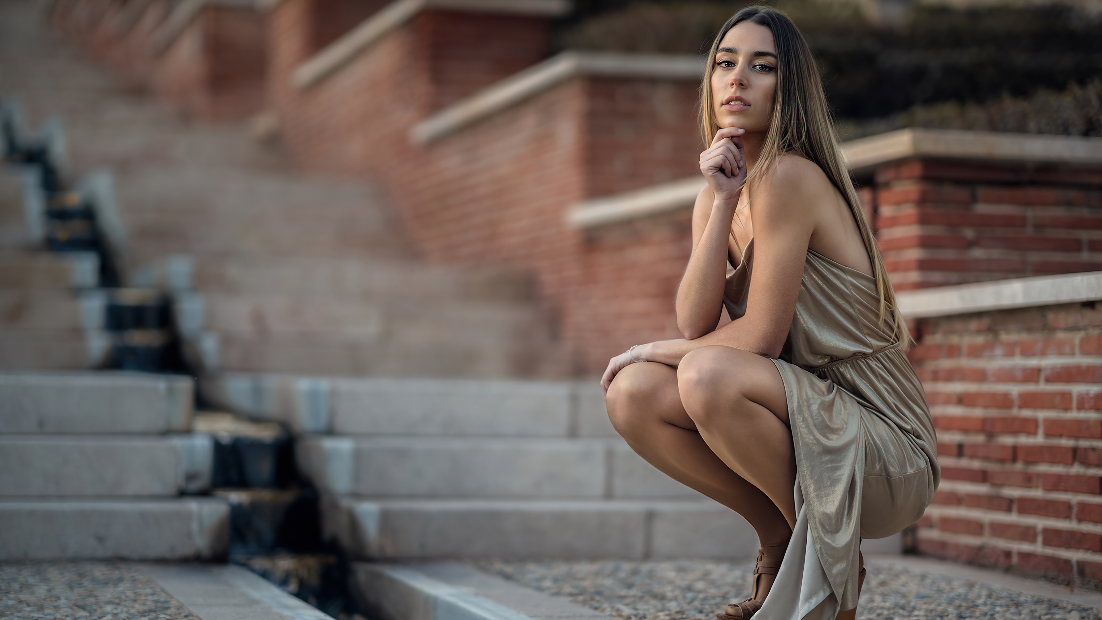 Blonde Model in Elegant Dress Posing on Stairs HD Wallpaper