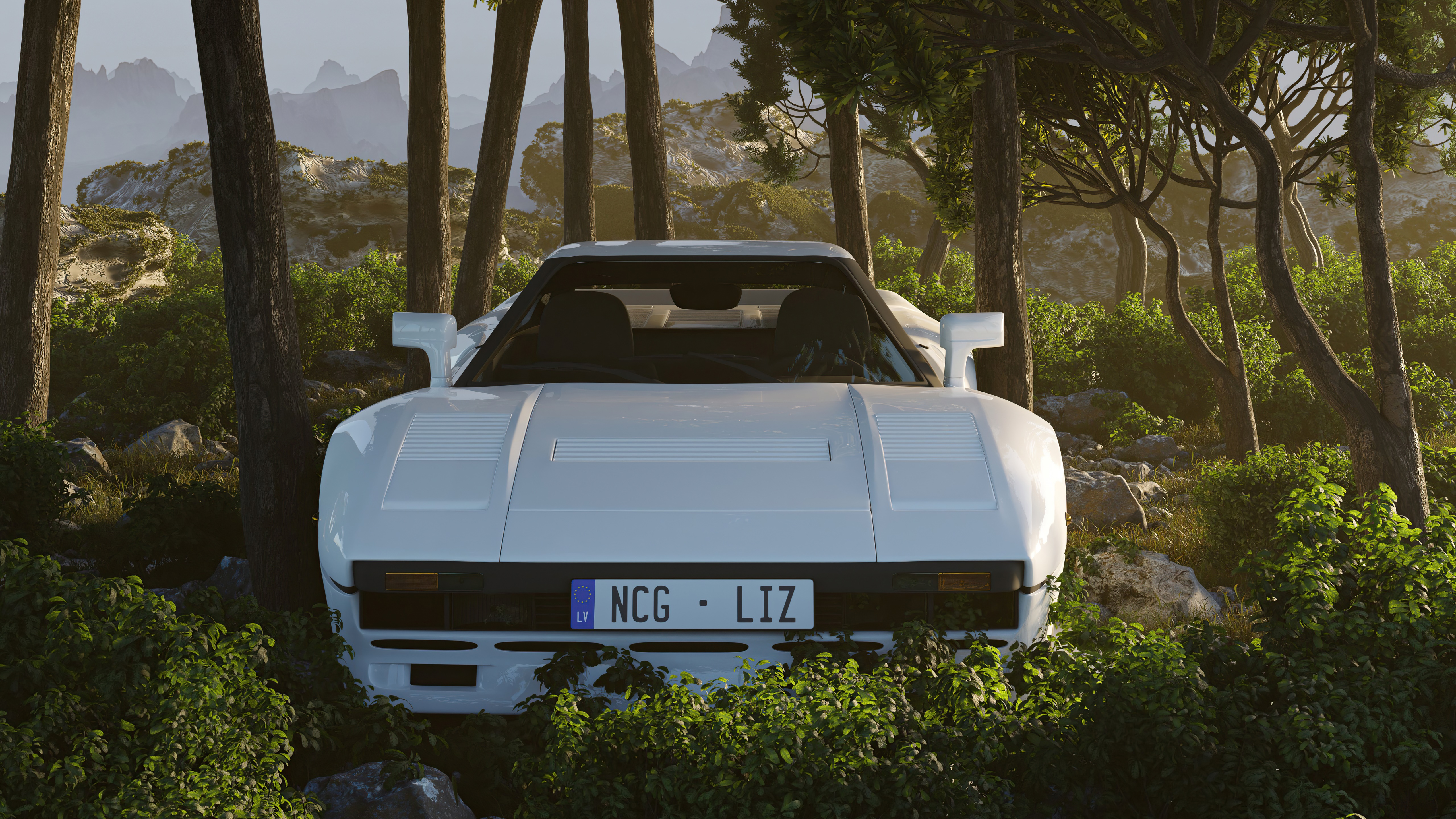 White sports car in a forest HD Wallpaper