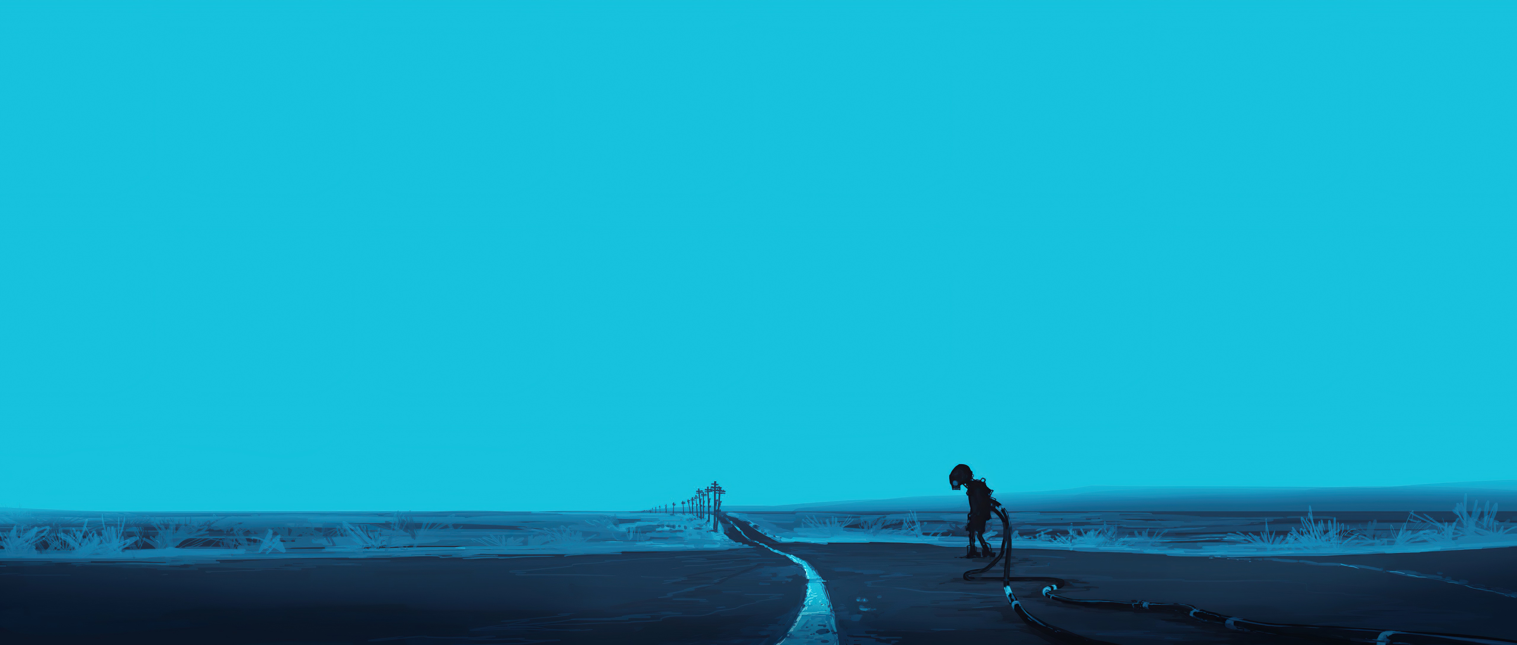 Silhouette of a person on a road with a bright blue sky HD Wallpaper