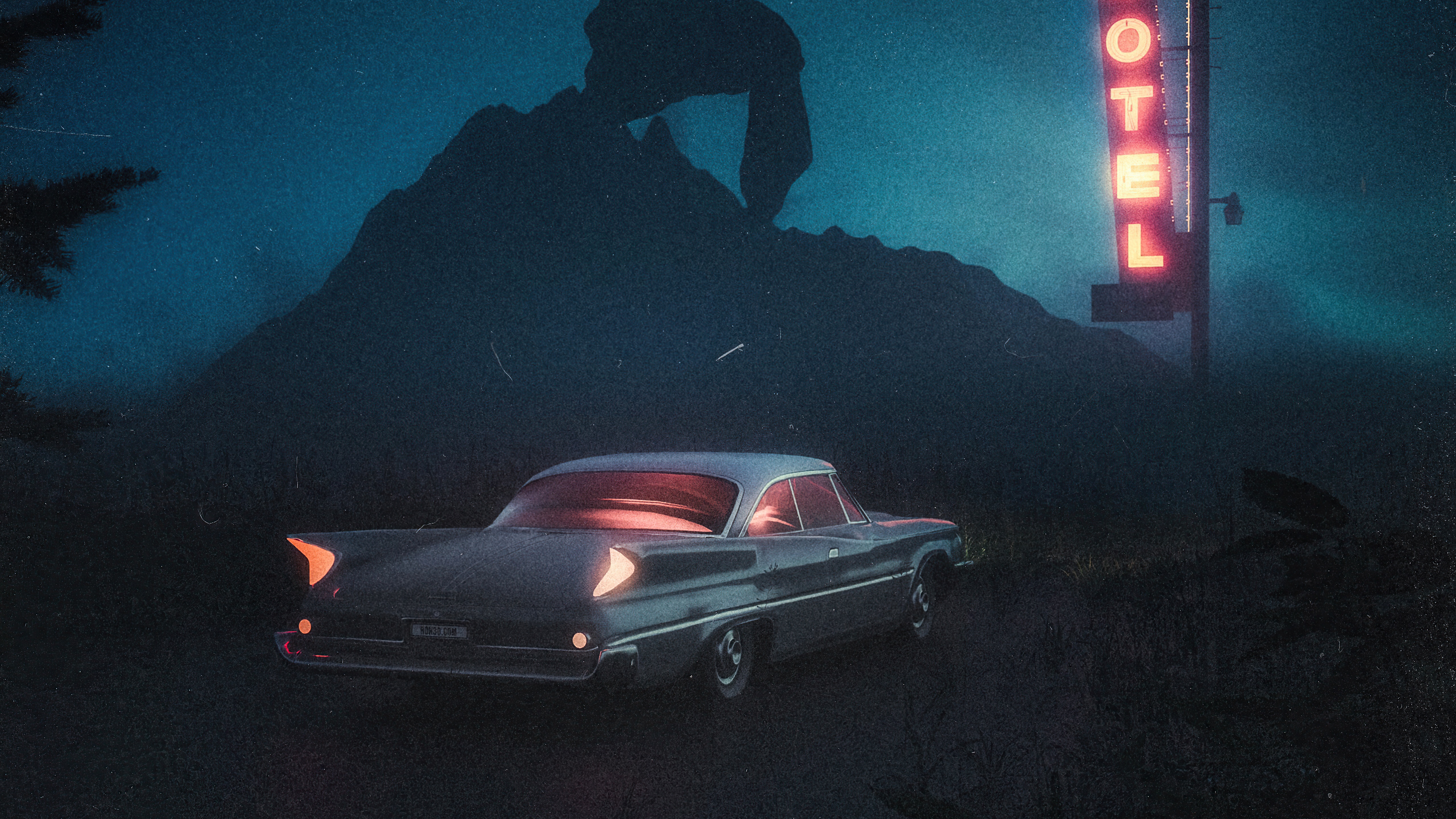 Vintage car parked near a neon "HOTEL" sign at night HD Wallpaper