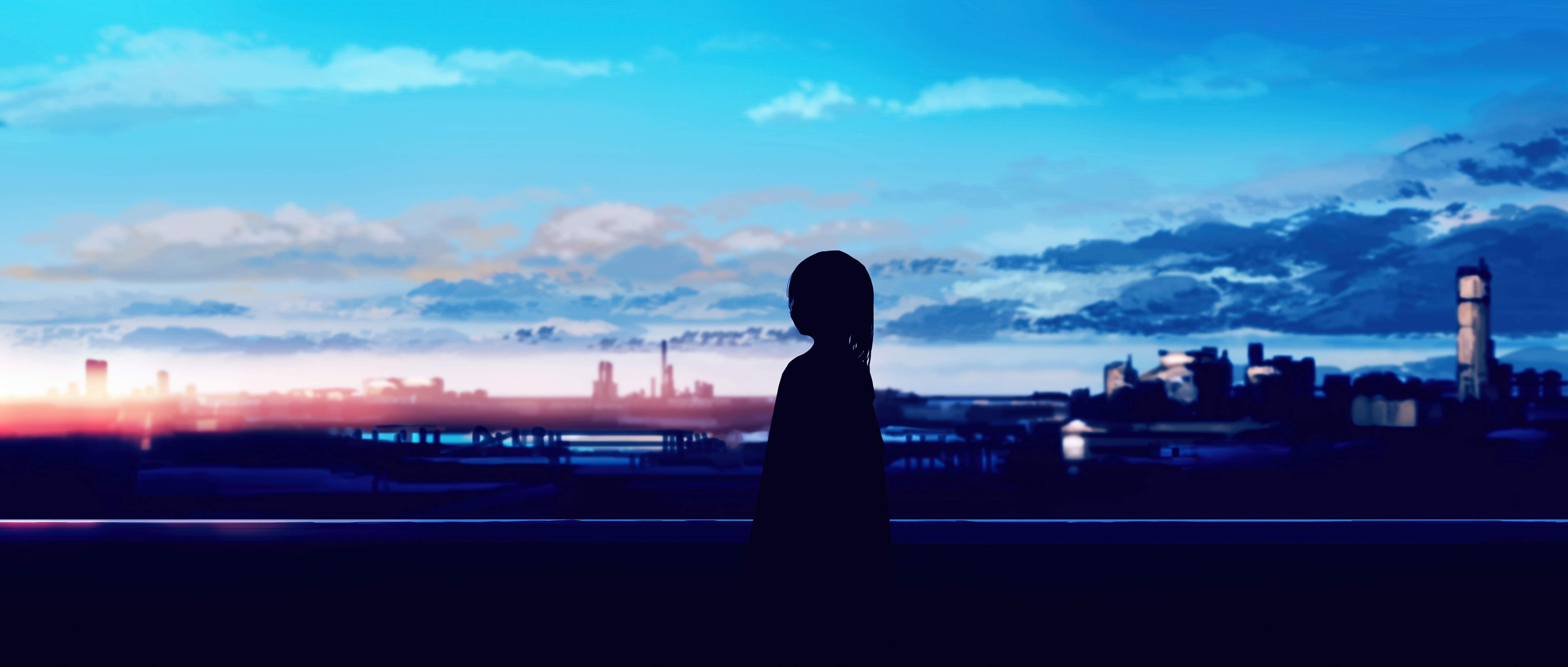 Anime girl silhouette against city skyline at sunset HD Wallpaper