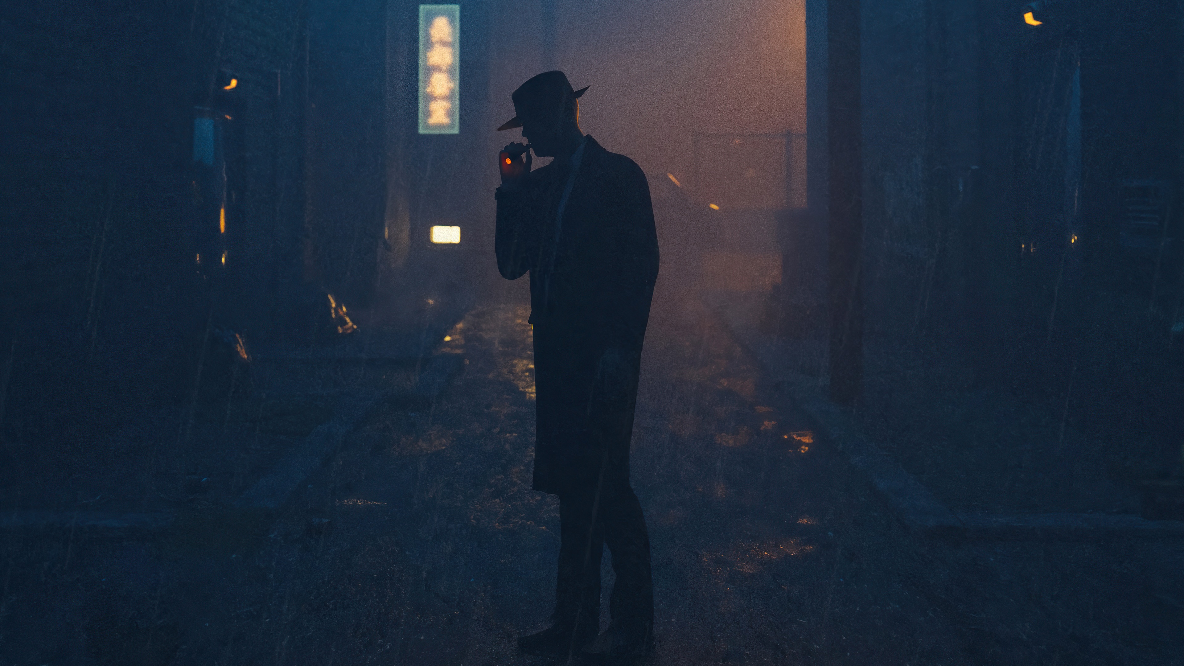 Man in fedora smoking in a rainy alleyway HD Wallpaper