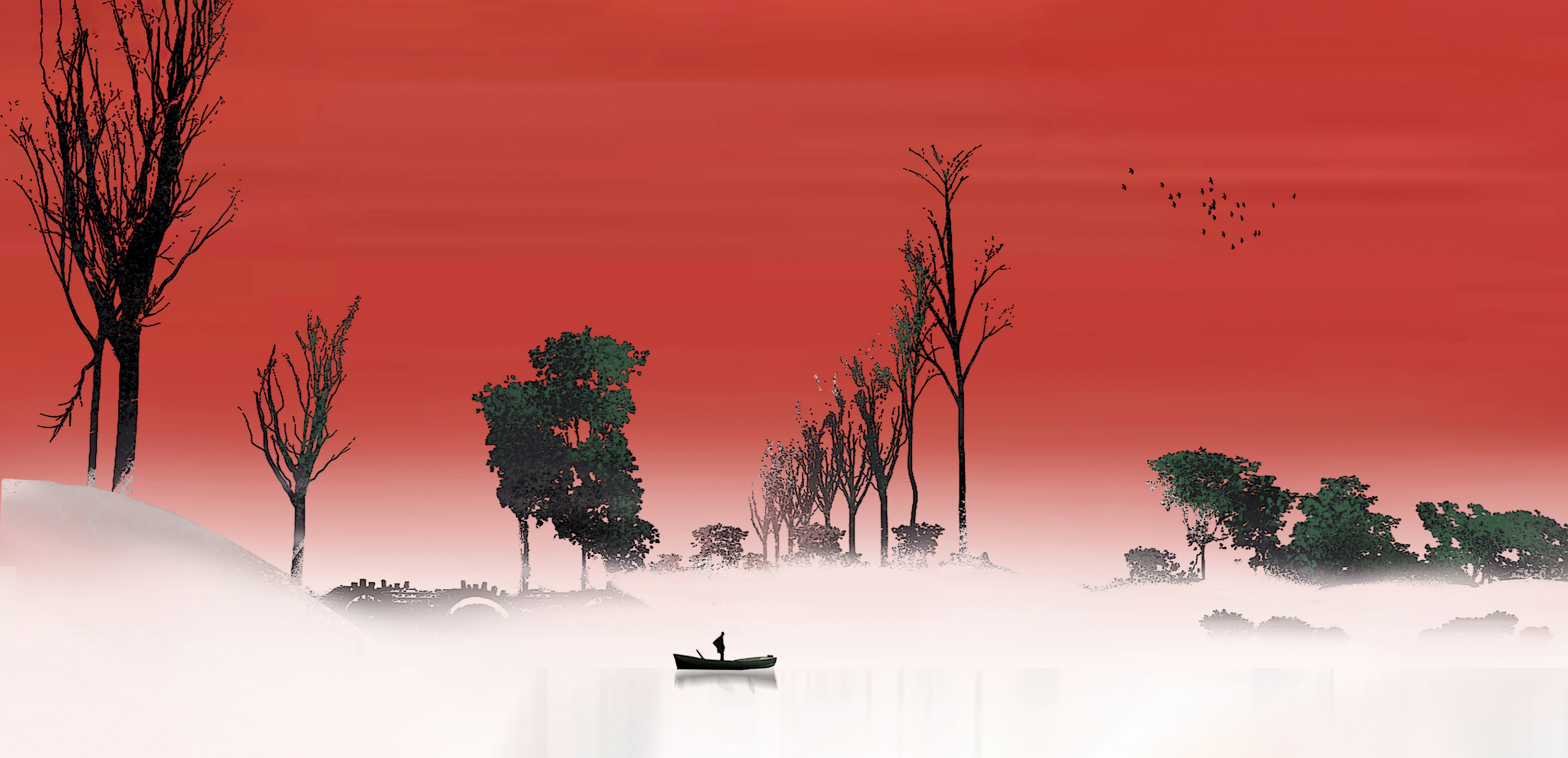 Digital art of a boat with a person on a lake at sunset HD Wallpaper