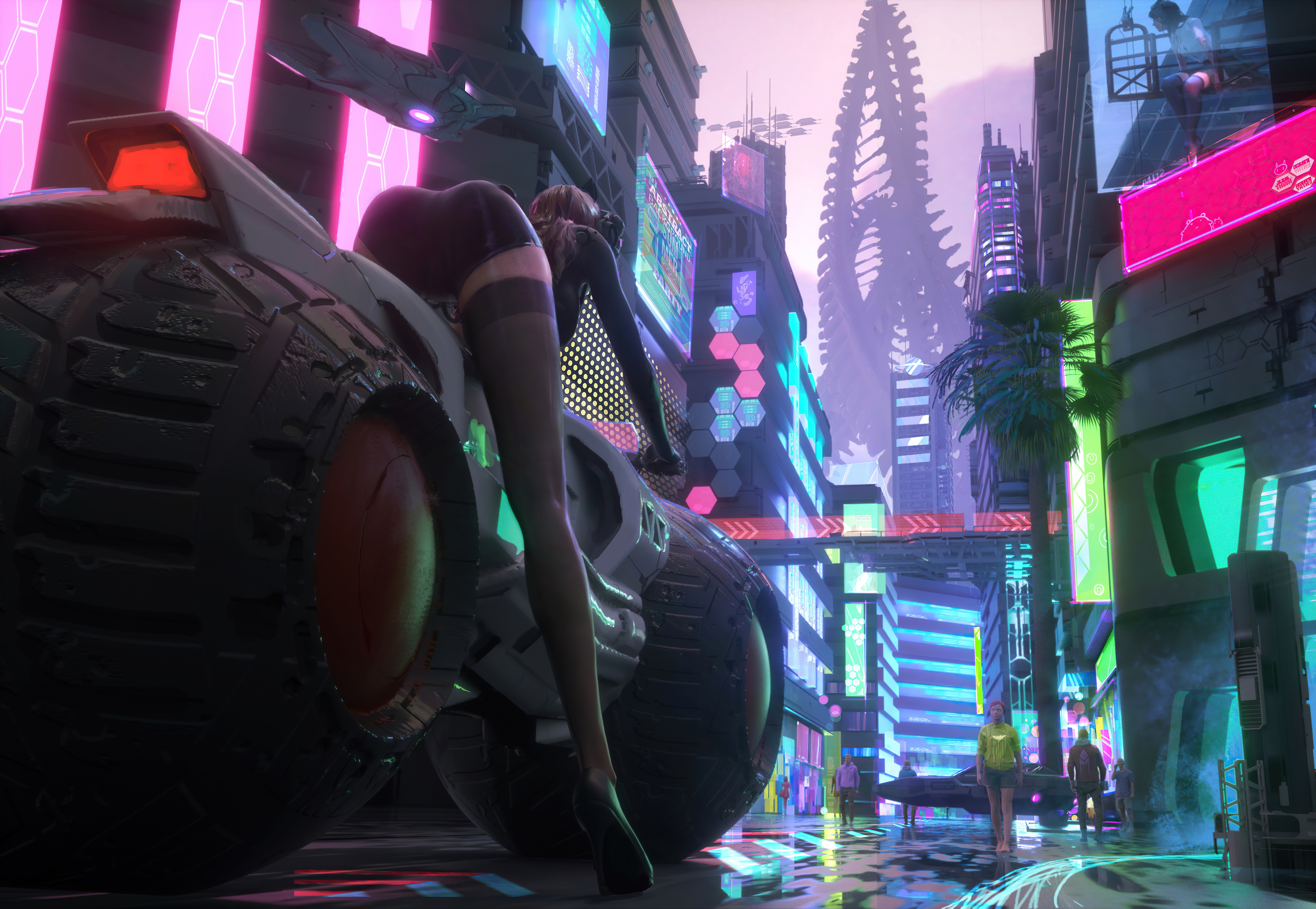 Woman on a futuristic vehicle in a neon city HD Wallpaper