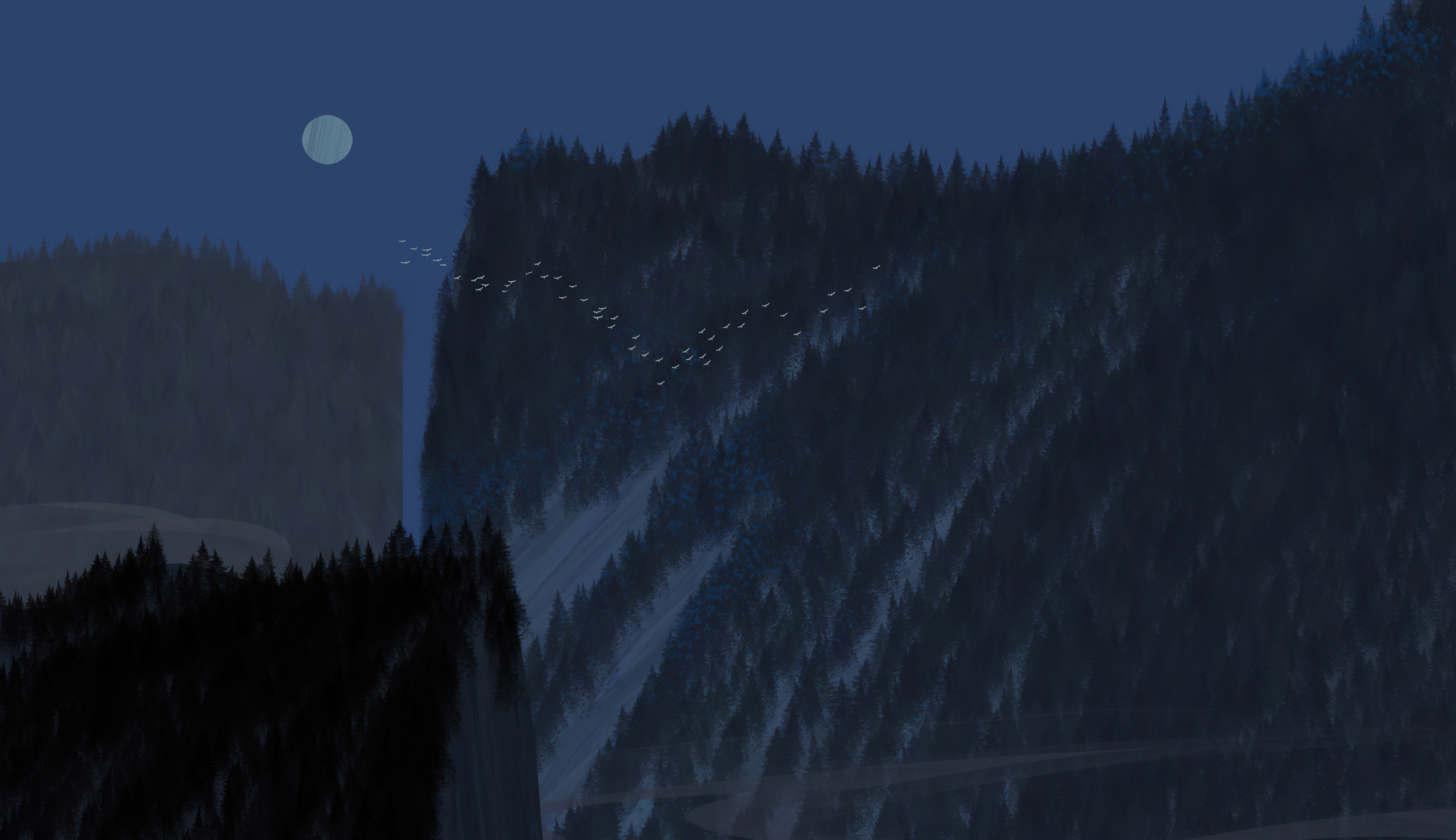 Digital art of a moonlit mountain landscape with birds HD Wallpaper