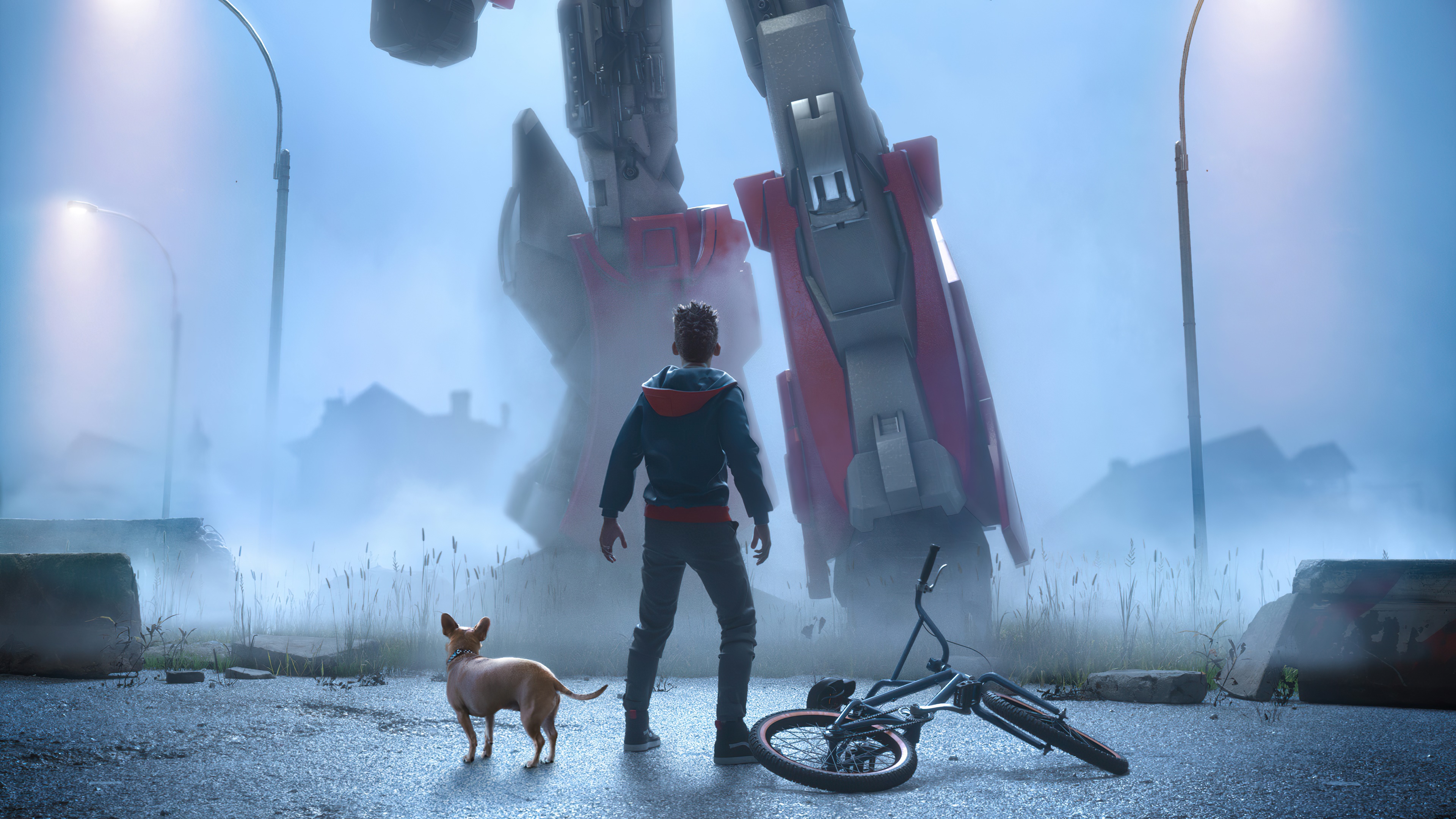 Robot and Boy in Foggy City HD Wallpaper