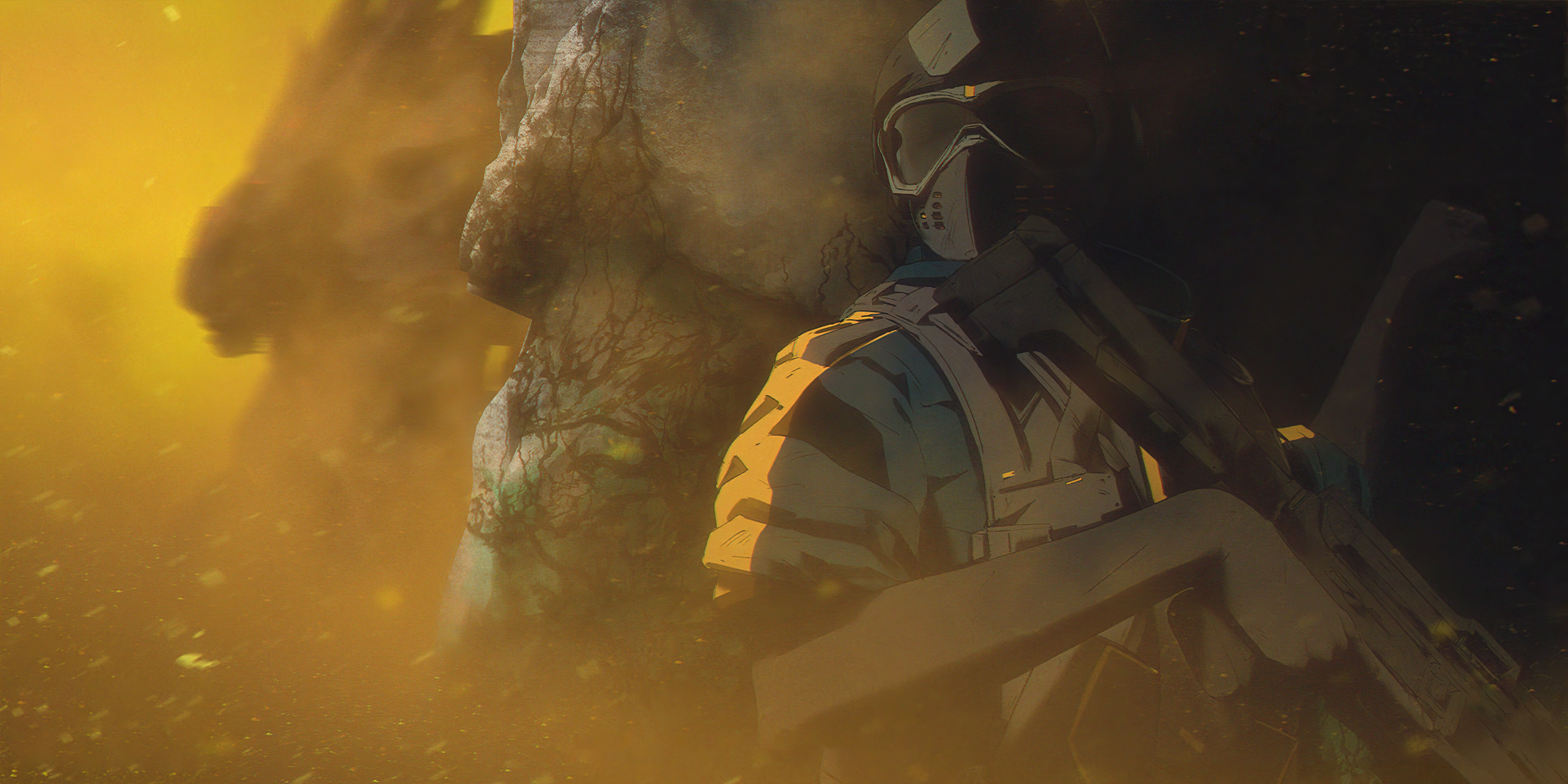 Soldier with rifle in a yellow, smoky environment HD Wallpaper
