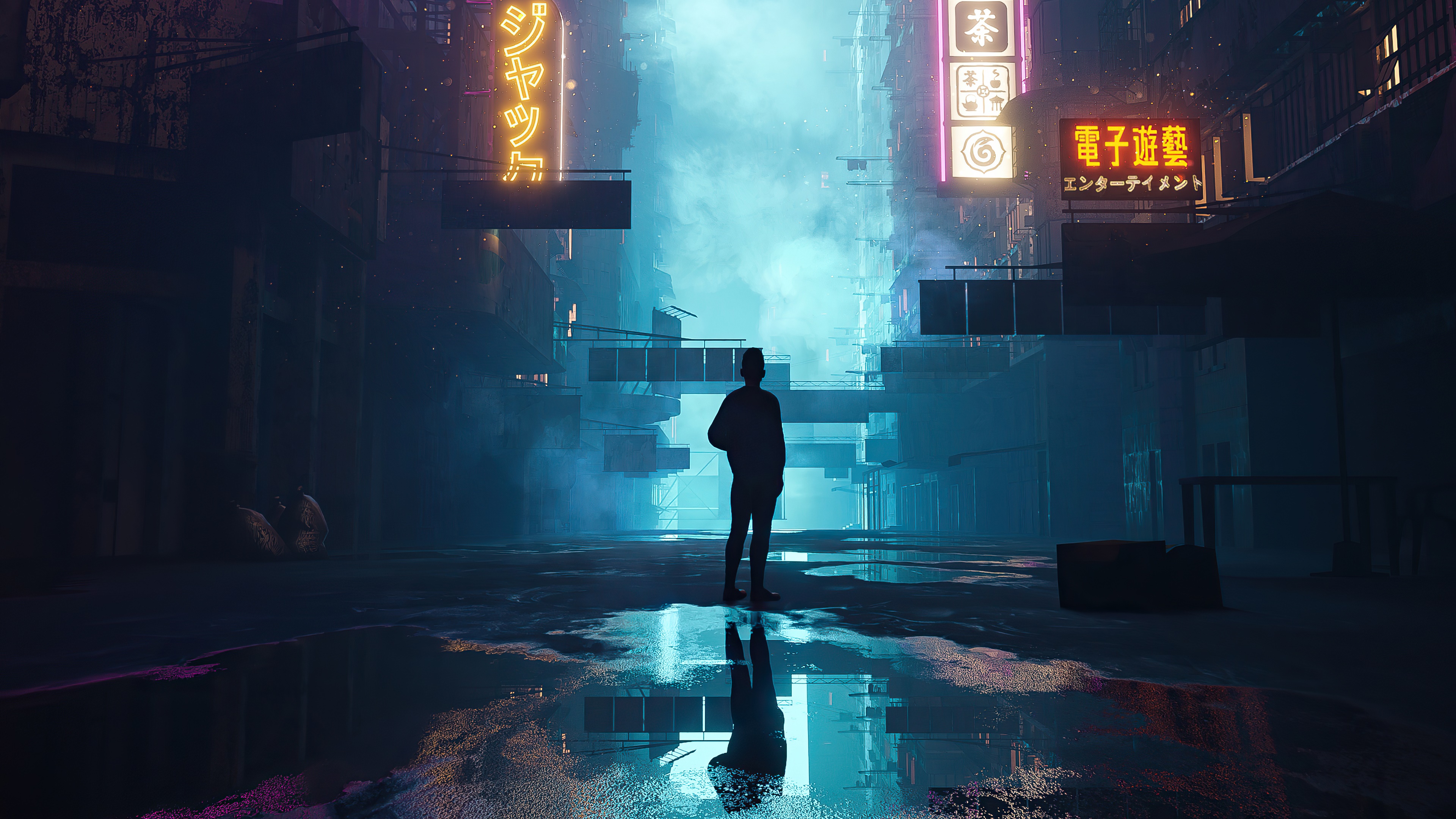 Silhouette of a person in a neon-lit cyberpunk city HD Wallpaper